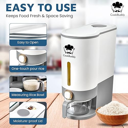 Miniatura 3 de CookBuddy Dispensador de arroz - Contenedor hermético de almacenamiento de arroz de 25 libras - Dispensador de granos