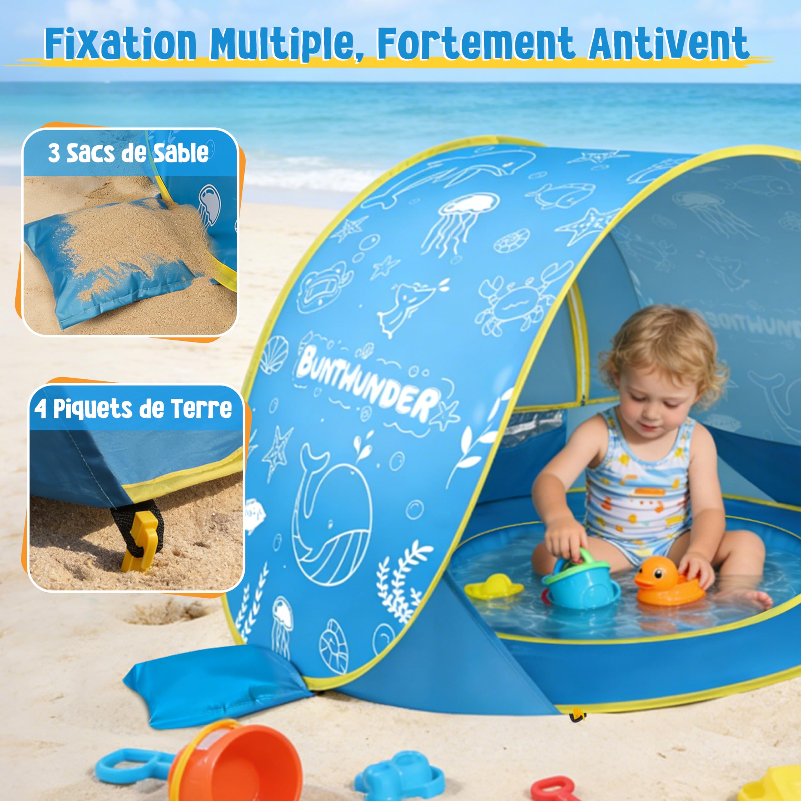 Herenear Grande Tente de Plage Bébé avec Protection UV 50+, Pop Up, Portable, Tente de Plage avec Sac de Transport et piquets pour Maison, Cour, Camping (Bleu)