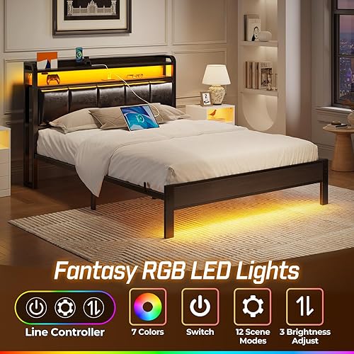 Miniatura 3 de Rolanstar Base de cama tamaño Queen con estación de carga y luces LED, cabecera de piel sintética con estantes de almacenamiento, listones de metal