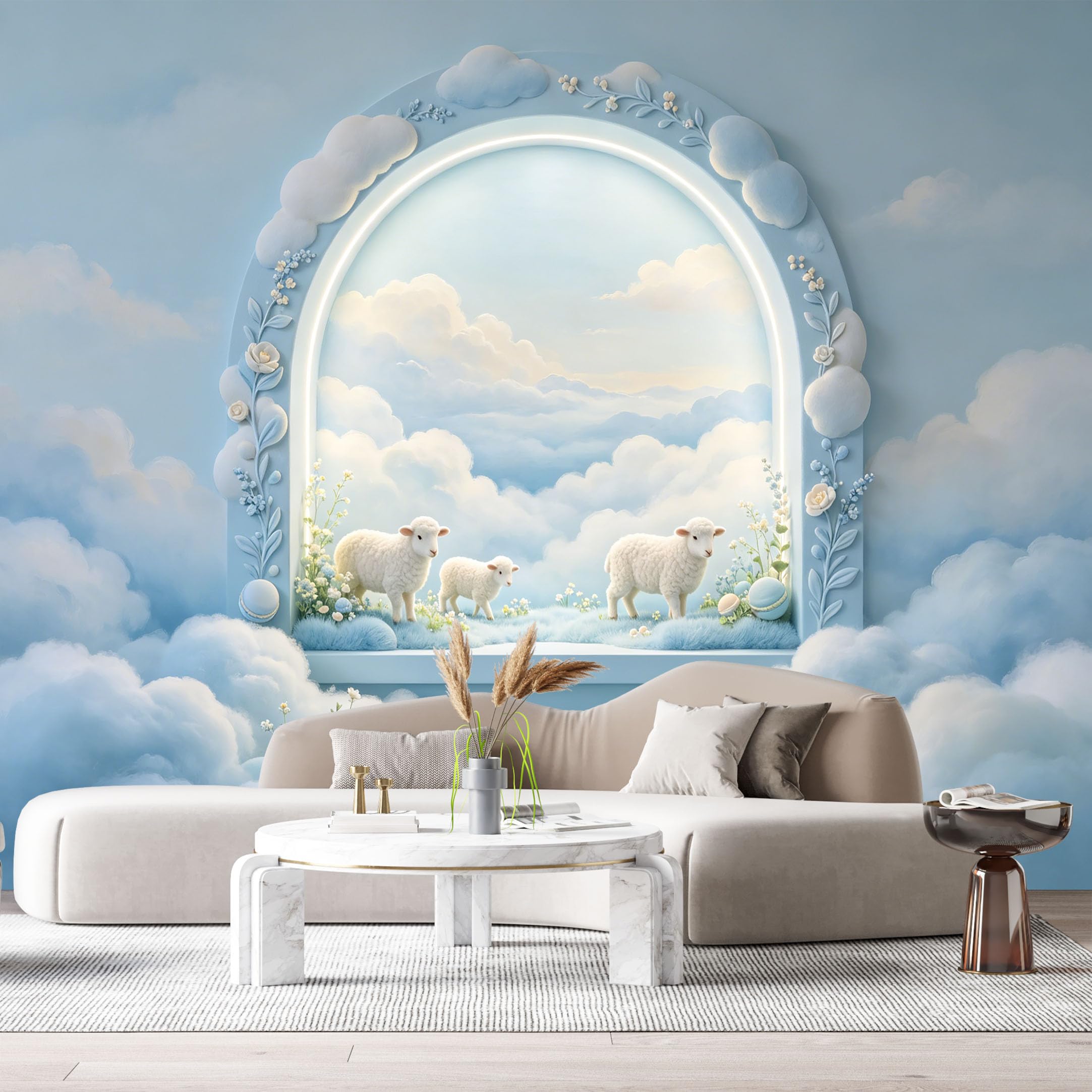 Custom Size Wall Murals Cloud Sheep Archway Minimalist 3D Trompe L'Oeil SelfAdhesiveWall Fabric Removable Wallpaper Wall Decor for Living Room Bedroom Bathroom