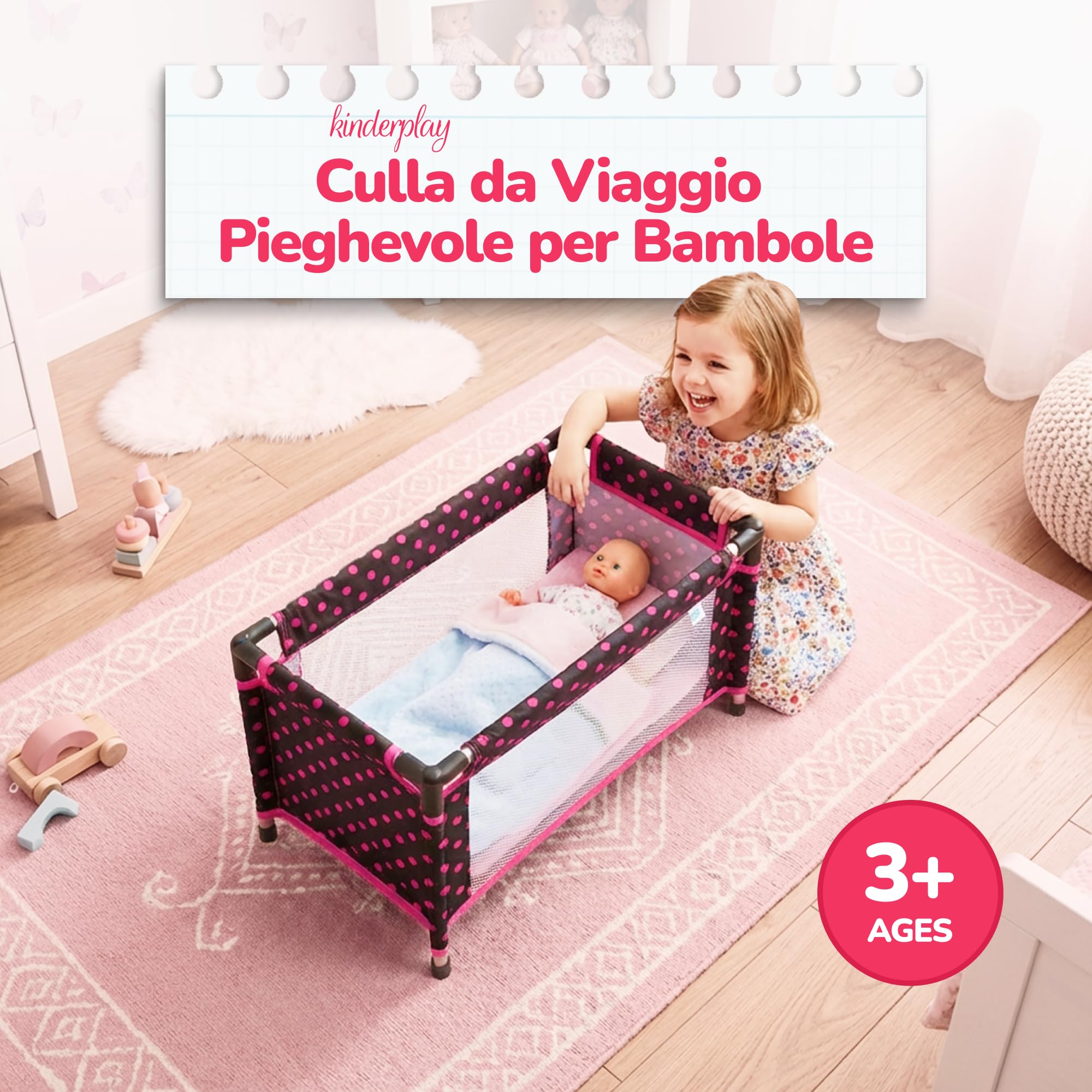 Kinderplay Lettino da Viaggio per Bambole – Culla pieghevole con borsa – Per bambole fino a 46 cm – Rete traspirante, tessuto lavabile, piedini antiscivolo – KP0400G