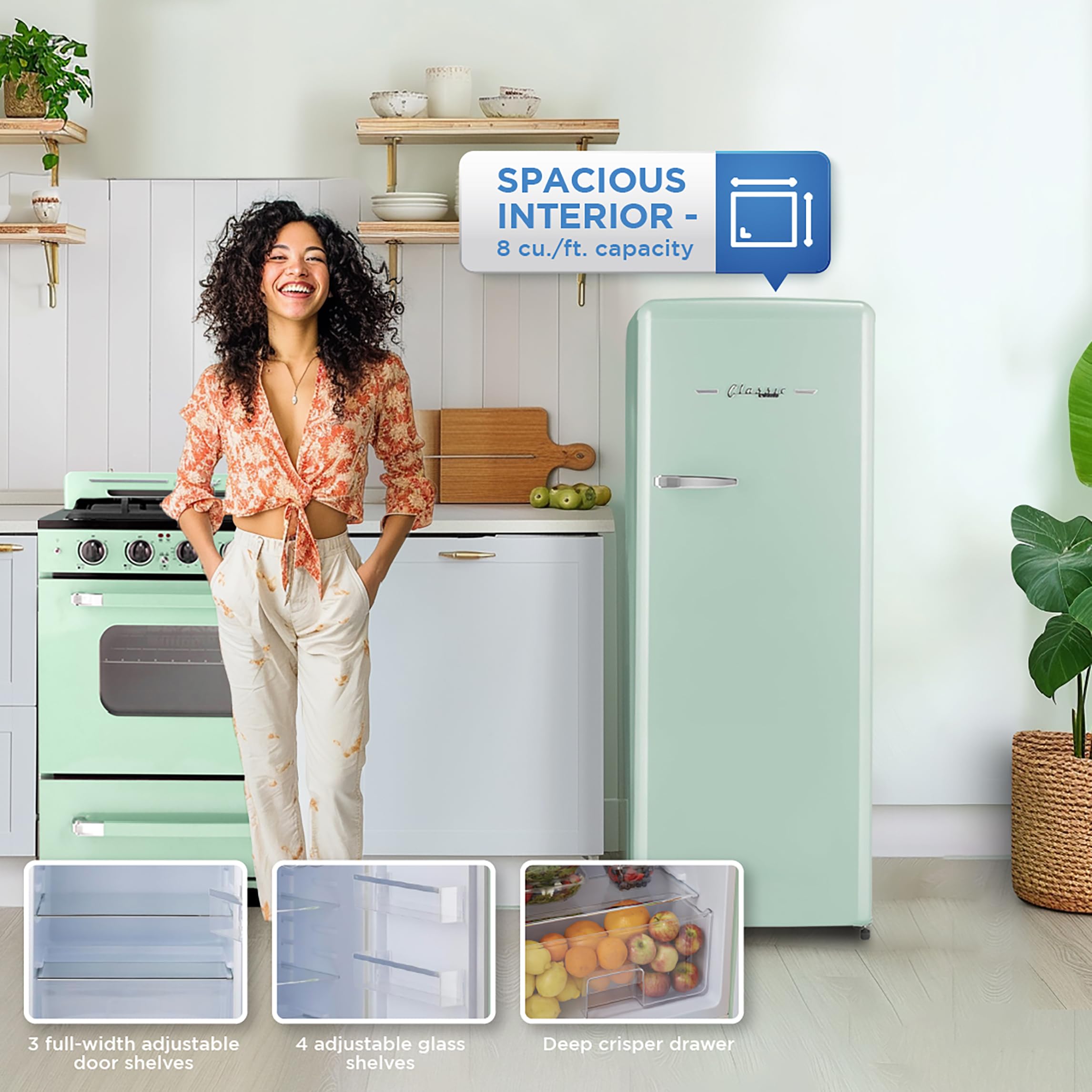 Unique Appliances Classic Retro Refrigerator With Freezer, 8 Cu./Ft. Storage Capacity, Energy Certified Apartment Fridge With Freezer, Ac Refrigerator, Summer Mint Green on Fridge.com - View 3