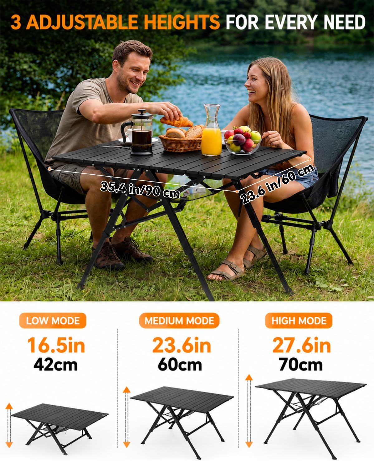 Sportneer Tavolo da campeggio pieghevole, pieghevole e portatile, con design ad apertura rapida, altezza regolabile da 41,9 a 70,1 cm, 89,9 x 59,9 cm, in alluminio leggero, con manico e tracolla per
