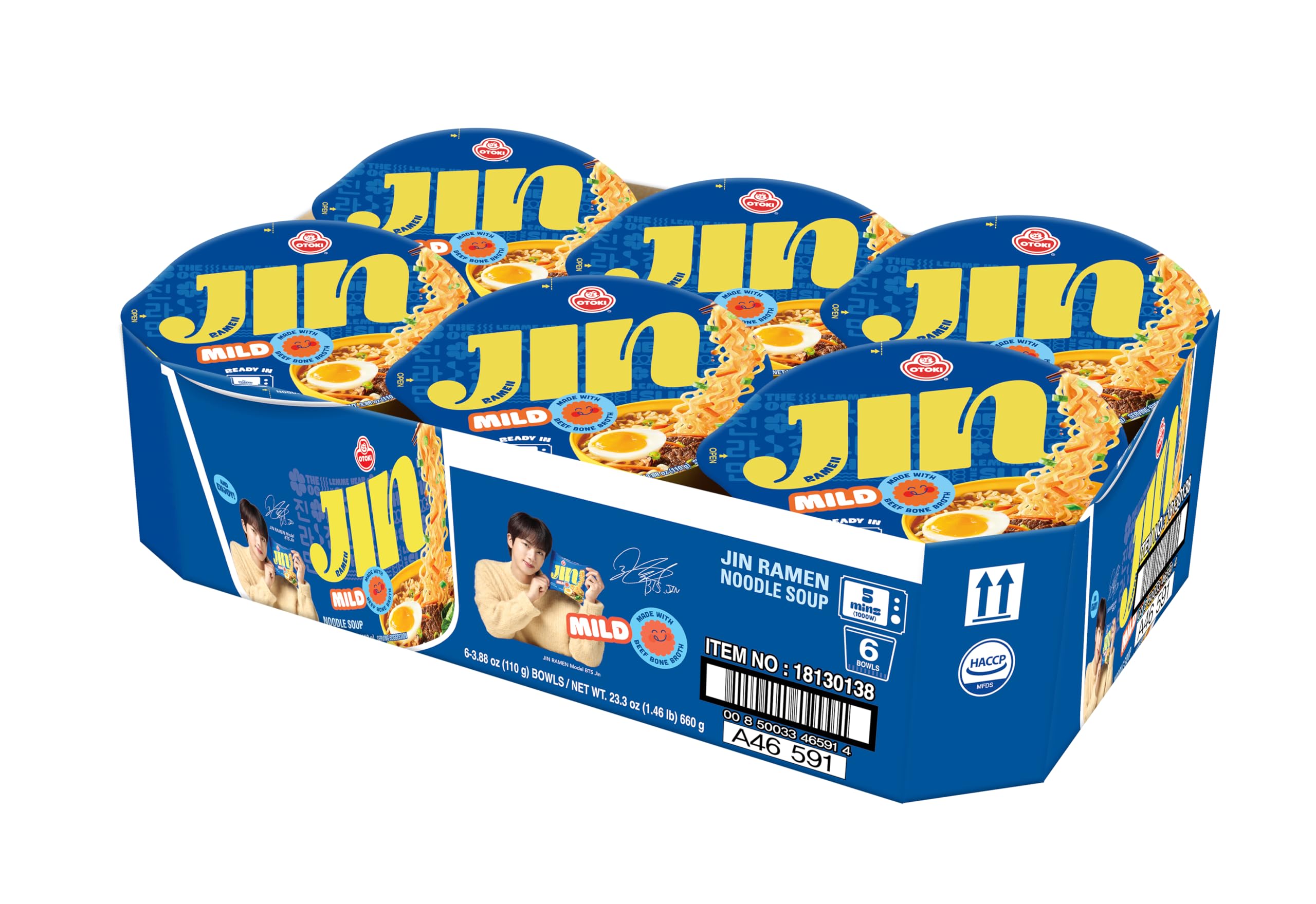 OTOKI Jin Ramen Mild Bowl  Authentic Korean Instant Noodles with 13-Hour Simmered Beef Bone Broth, Smooth & Savory Flavor, Microwave or Add Hot Water, Ready in 5 Minutes, 3.88 oz (Pack of 6)