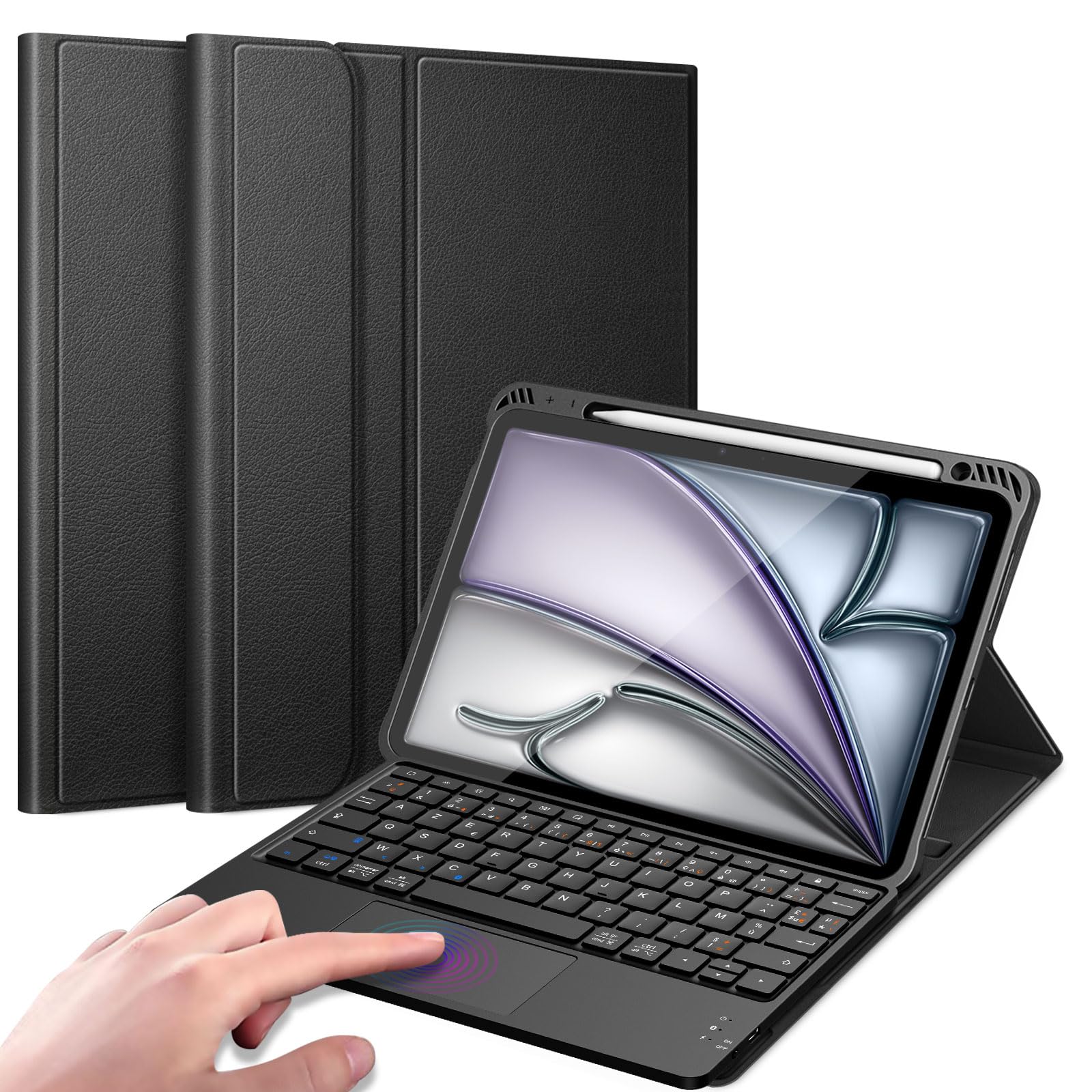 FINTIE Toetsenbordhoes voor iPad Air 11 inch (M3) 2025/(M2) 2024, iPad Air 10,9 inch 5/4 generatie (2022/2020), TPU-achterkant beschermhoes met penhouder, magnetisch afneembaar QWERTZ toetsenbord