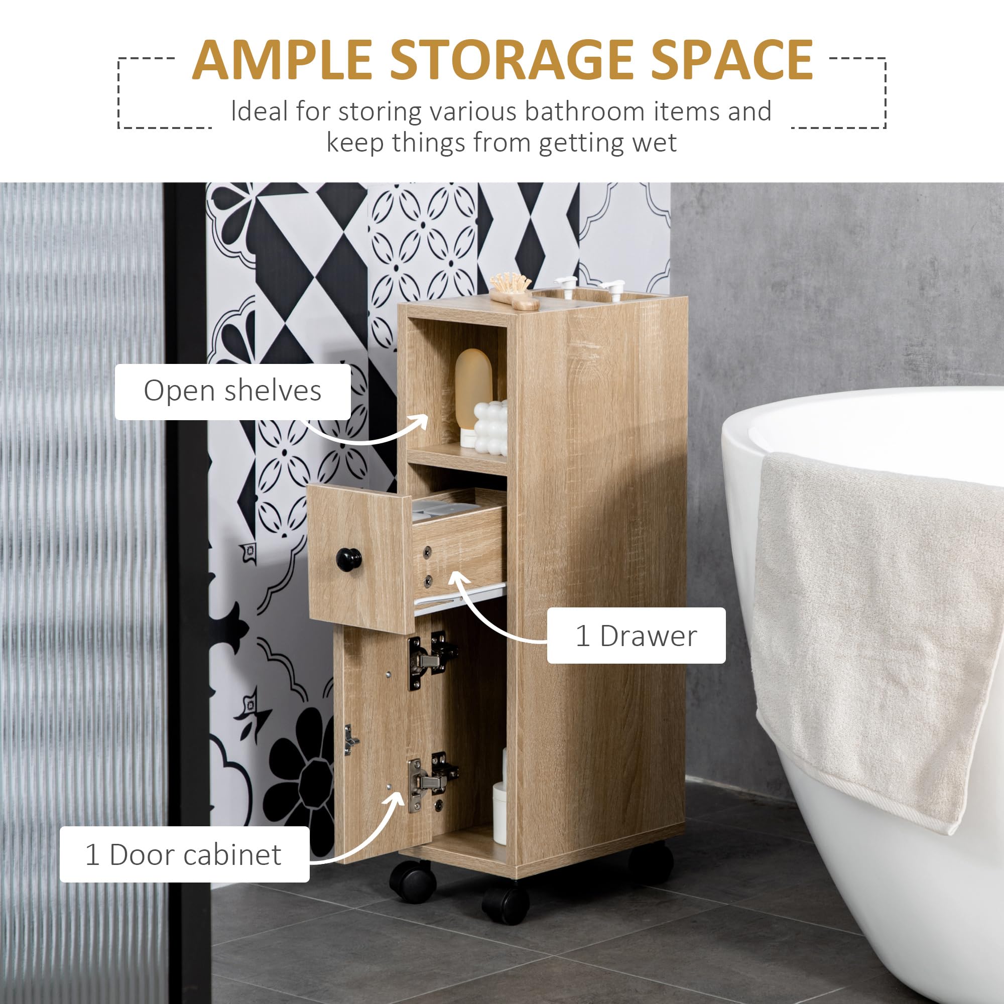 kleankin Armario de Baño con 4 Ruedas Mueble Auxiliar para Baño con Estante Abierto Puerta y Cajón para Espacio Reducido 18x30x68,5 cm Roble