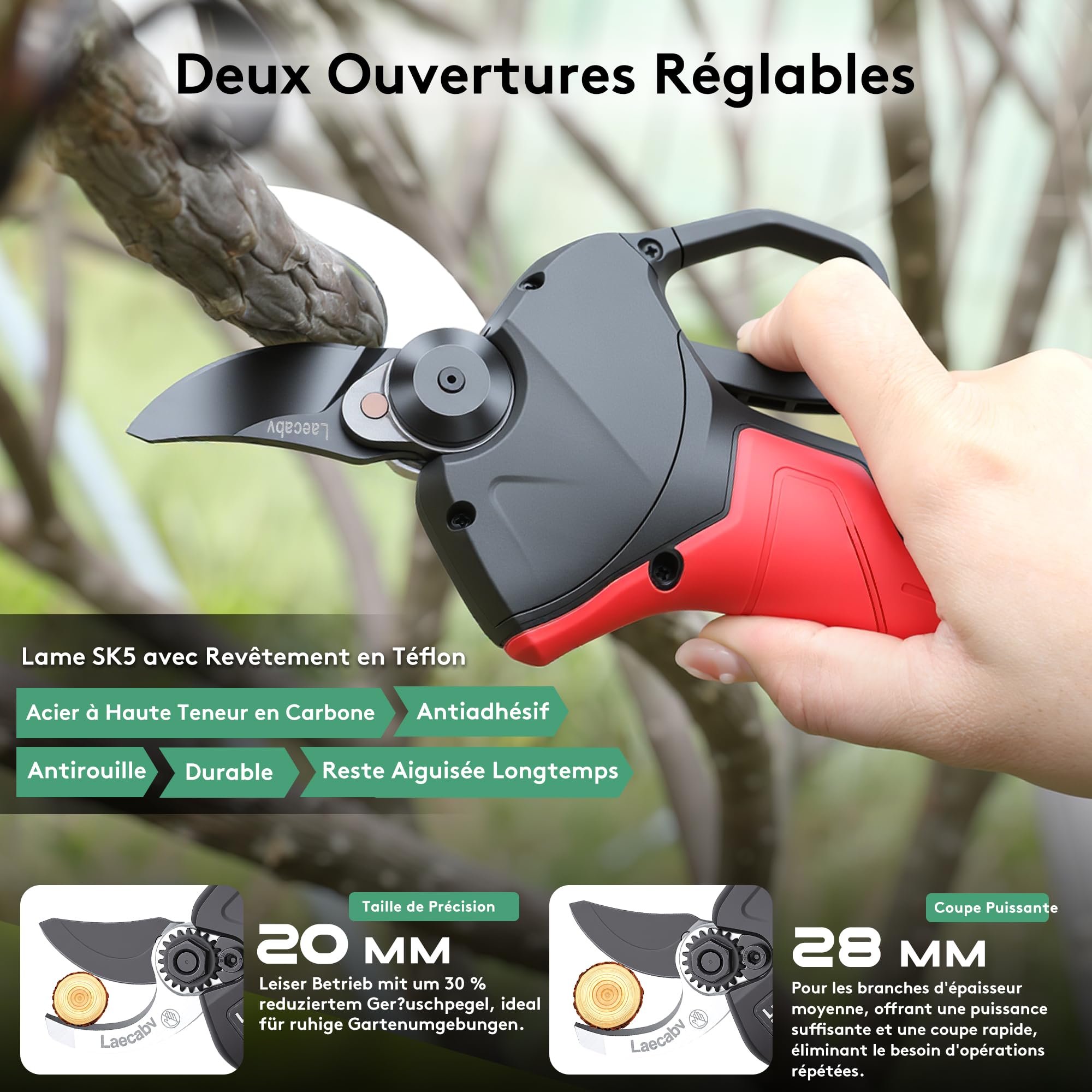 Sécateur électrique 28 mm avec batterie professionnelle, ciseaux branche sans fil avec moteur sans balai, 2 pièces batterie au lithium rechargeable de 16,8 V/2 Ah (LA28BKRD)
