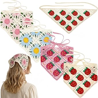 KuuGuu Crochet Bandanas Headbands Cute Flowers Hairbands Pink Knitted Headscarf Green Daisy Head Scarf Foral Headwrap