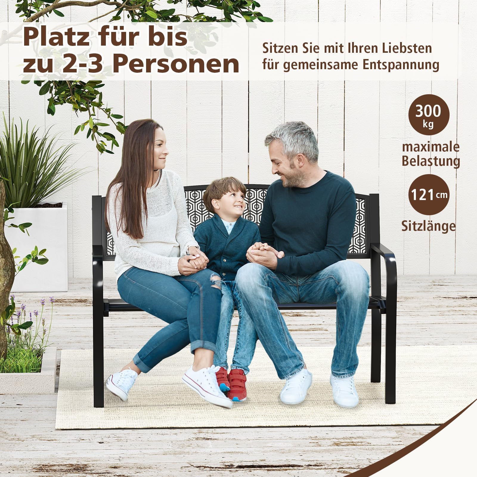 FANTASK Gartenbank für 2 Personen, Eisenbank für Garten, Terrasse, Balkon Metall mit Armlehne (Schwarz), 128 x 60 x 86 cm