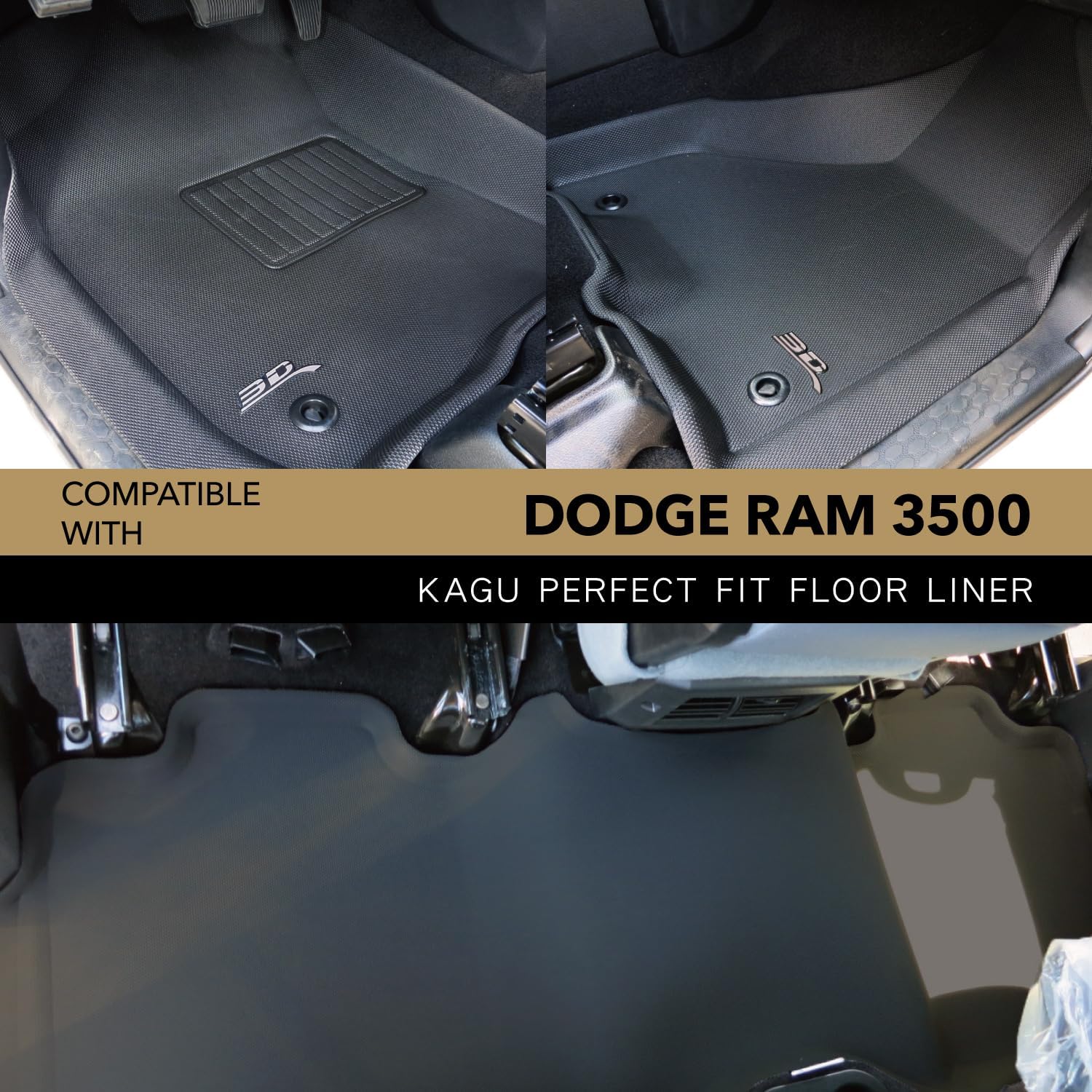3D MAXpider Kagu Floor Mat (Black) Compatible with Dodge Ram 1500 Crew Cab/2500/3500 Crew/Mega Cab 2012-2018/1500 Classic Crew Cab 2019-2024 -Full Set