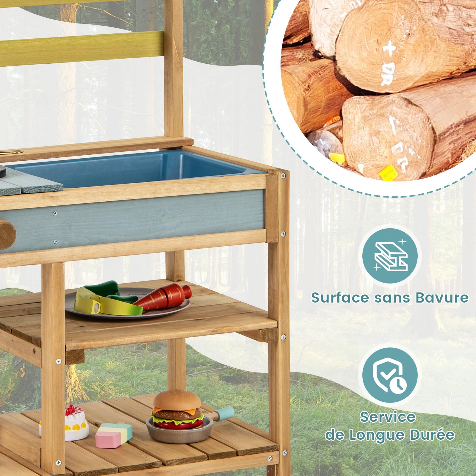 COSTWAY Cuisine Extérieure Enfant avec Évier & Poêles Doubles, Cuisine de Boue en Bois de Sapin avec Bouton Rotatif, Étagère de Rangement, Cuisine Boueuse pour 3 Ans+, 75 x 36 x 92 cm