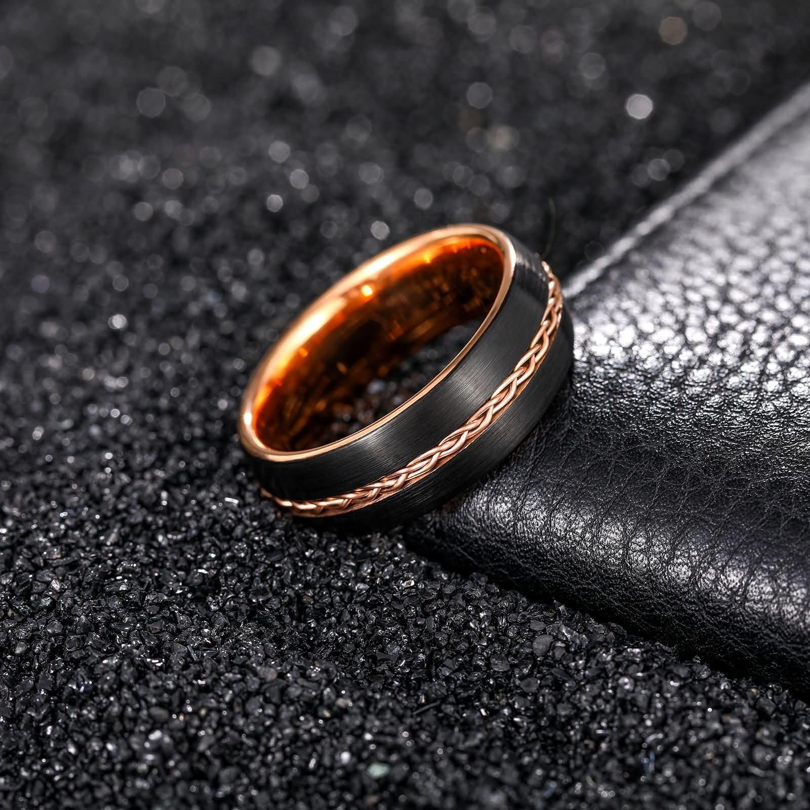 Bague Personnalisable Homme Tungstène, 8MM Rond Brossé avec Chaîne, Bague de Fiançaille et Alliance Or Rose Noir