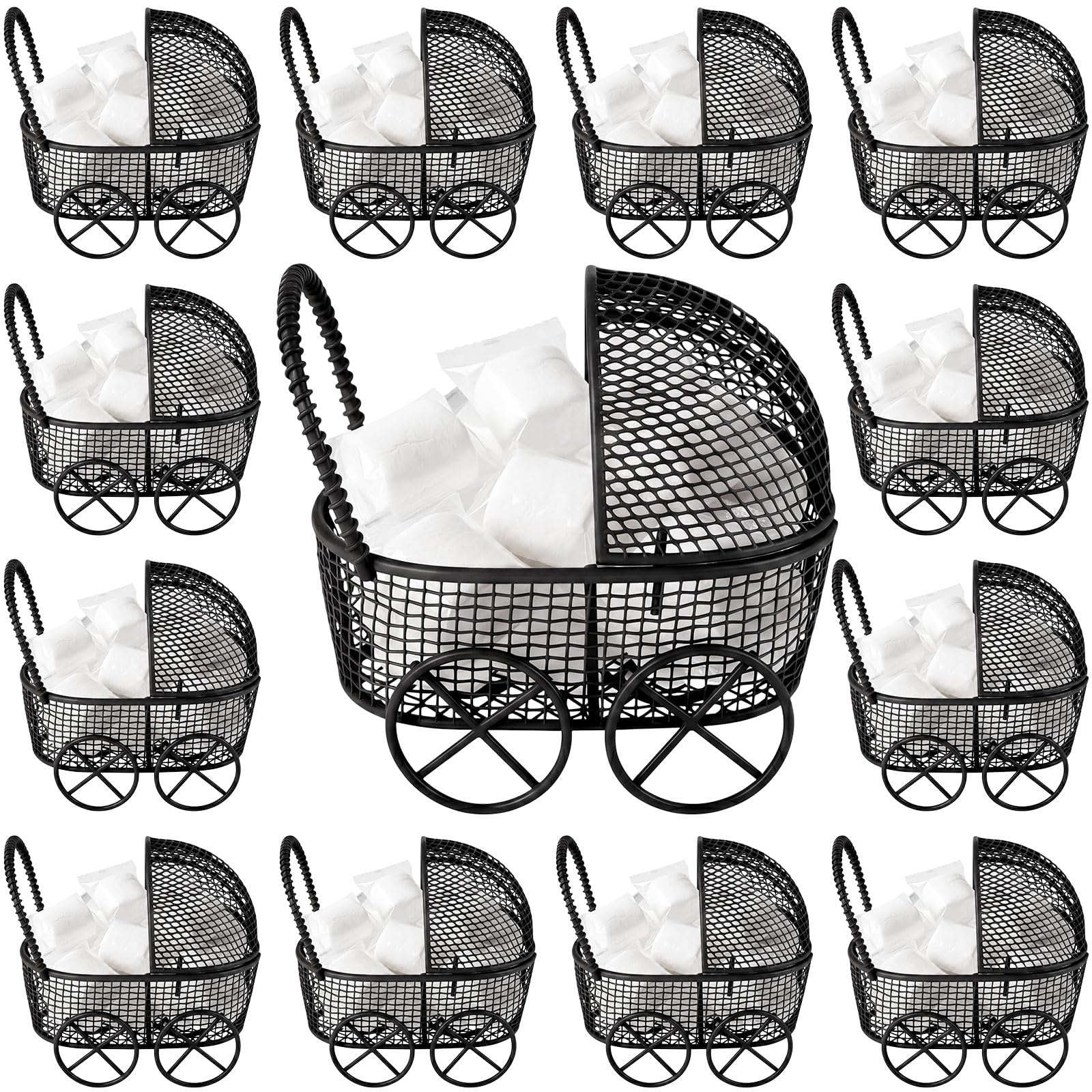 Threehoney 12 Pcs Baby Shower Mini Carriage Decoration Black Metal Wired Fillable Candy Stroller Baby Shower Table Centerpiece for Guest Gender Reveal Wedding Party Favor Gift