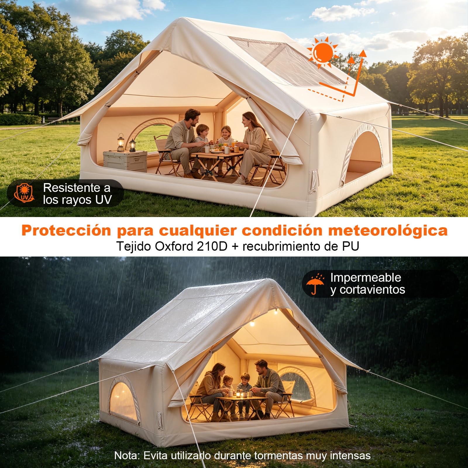 Tienda de Campaña Inflable con Bomba Manual, Tela Oxford 210D, Impermeable, Protección UV, para 3 – 4 Personas, Camping, Glamping, Viajes Familiares al Aire Libre