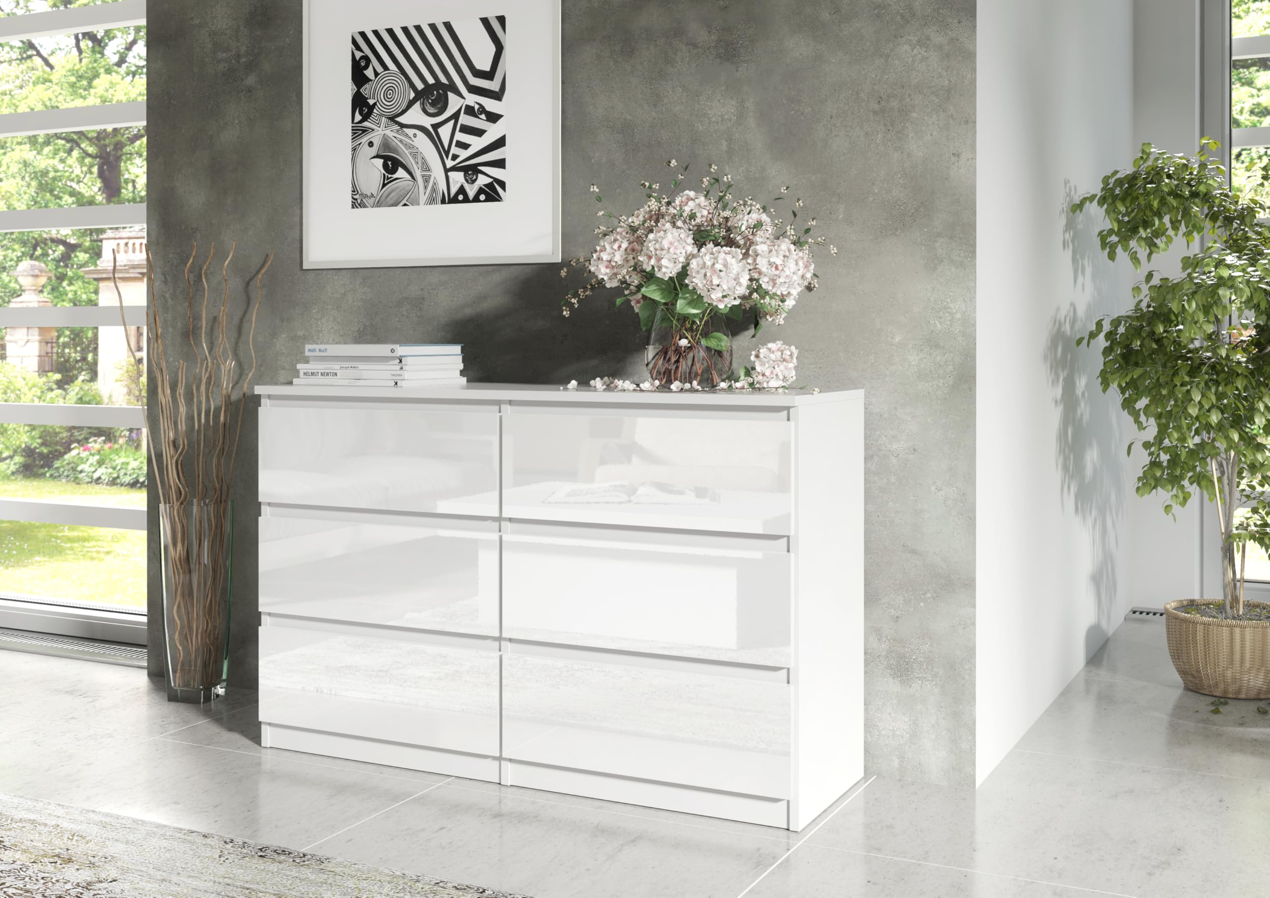 meble masztalerz Cassettiera Camera da Letto con 6 Cassetti - Credenza Soggiorno - Moderna Comò - Cassettiera Alta - Mobiletto con Cassetti - Bianco con Frontale Lucido 120 x 39 x 78,5 cm