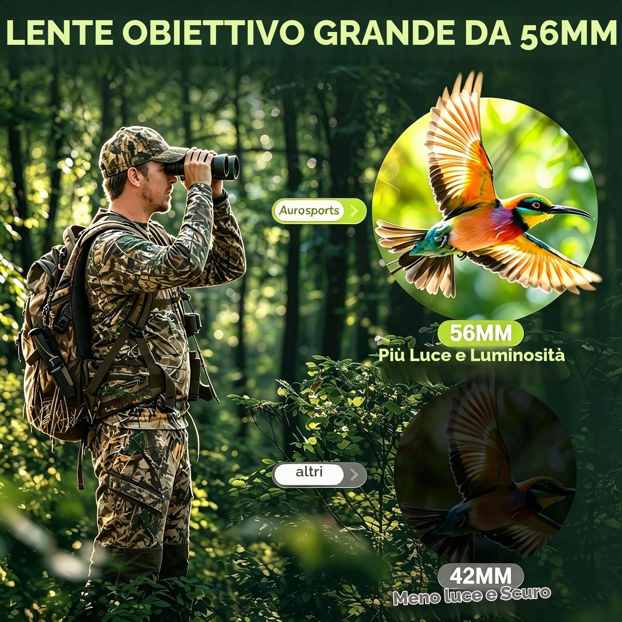 Aurosports - Binocolo 15 x 56 per adulti ad alta potenza, con visione ampia e visione chiara in condizioni di scarsa illuminazione, leggero e facile da mettere a fuoco, per bird watching, caccia,