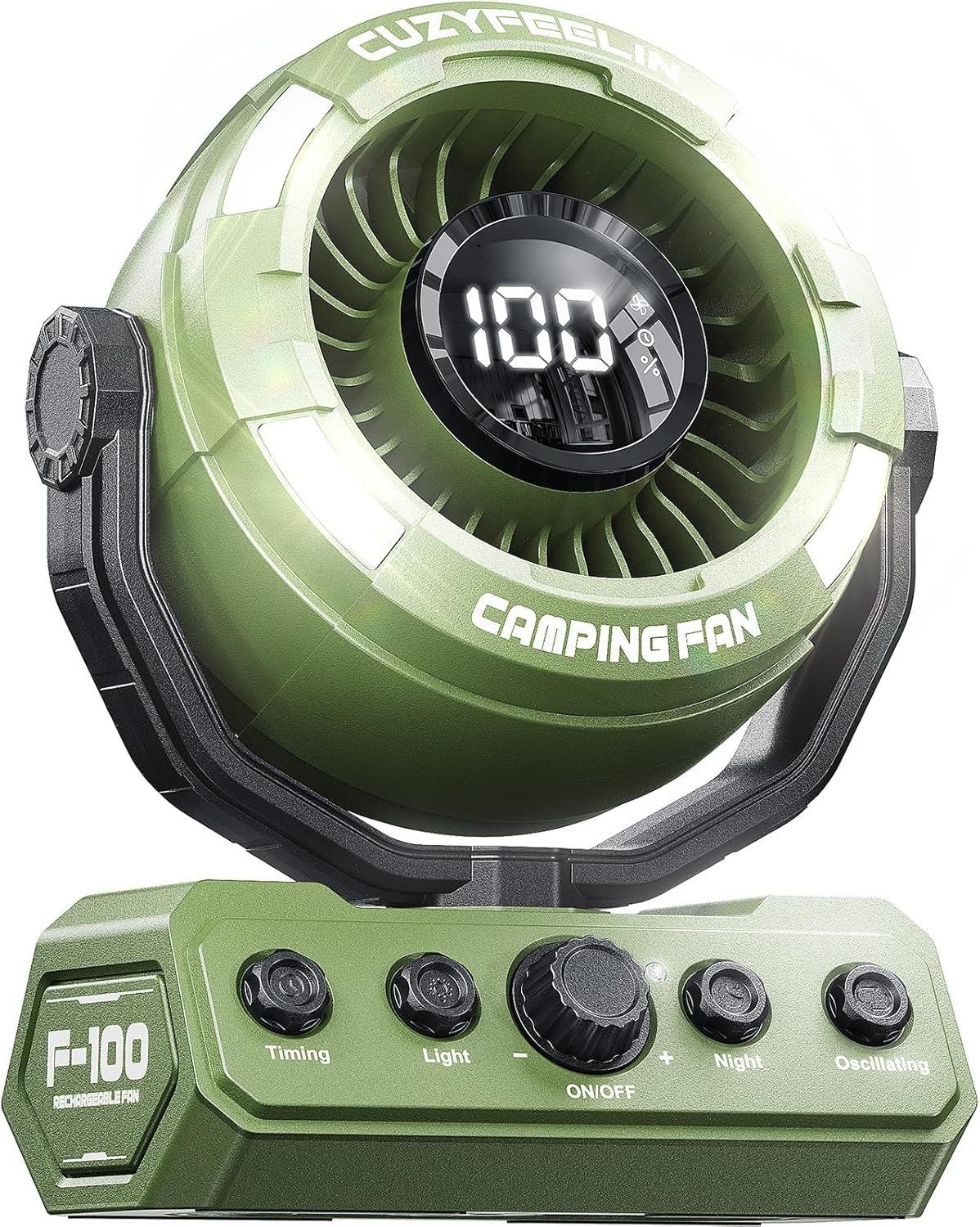 Portable Fan Rechargeable – Versatility Camping Fan with LED Lantern & Hook – USB Battery Powered, Cordless, 15-80H, 100 Speeds, 180° Oscillation – for Table, Outdoor, Tent, Travel – Green