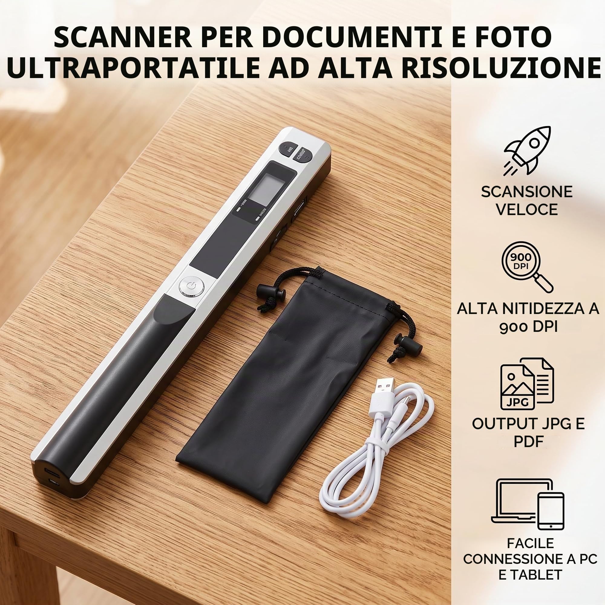 Scanner Portatile USB 2.0 Fino a 900DPI per Documenti A4 Foto Libri Ricevute Immagini in PDF e JPG Argento per Uso Aziendale