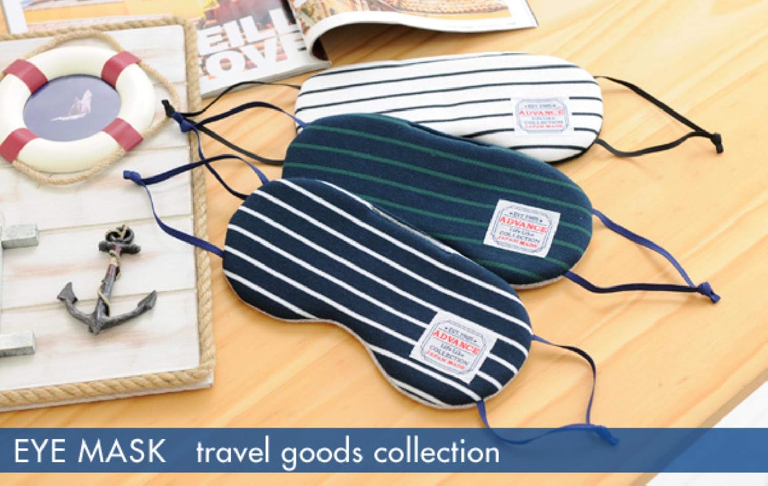 Advance Sleep Eye Mask, Soft, Cotton, Knit & Border (Ear Hook), Made in Japan, Navy/Green nvgr