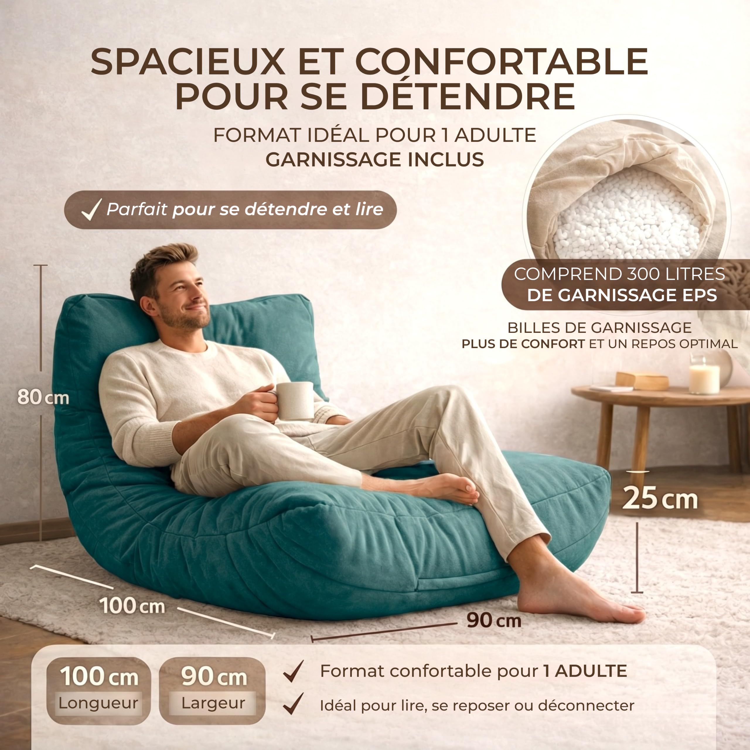 Aiire Fauteuil Pouf Salon Moderne - Pouffe Géant XXL Interieur Adulte ou Ado avec Remplissage pour Décoration de la Chambre – Gros Bean Bag ou Coussin de Sol Vert