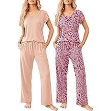 2 Pack Womens Pajamas Short Sleeve Sleepwear Top with Pants Super-Soft Printed Lounge Sets S-XXL