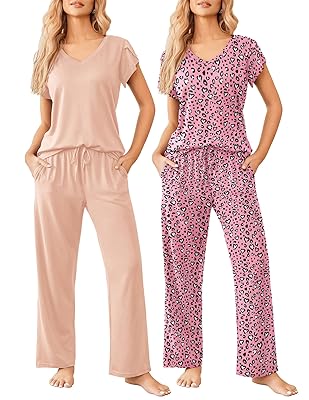 Ekouaer 2 Pack Womens Pajamas Short Sleeve Sleepwear Top with Pants Super-Soft Printed Lounge Sets S-XXL