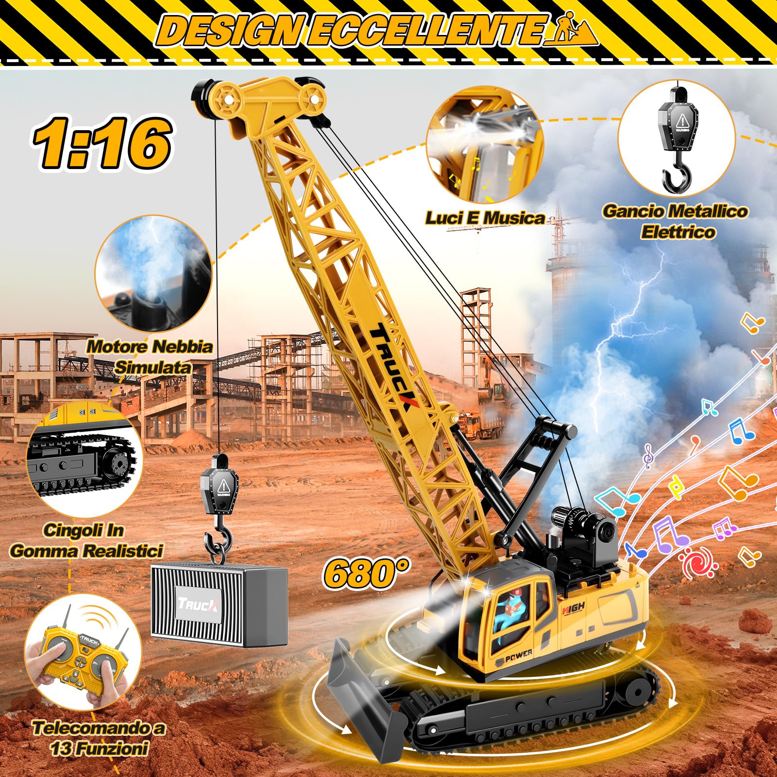 1:16 Gru Giocattolo per Bambini, 12 Canali Gru Telecomandata con Luci Effetti Sonori Spray, Grande Veicoli da Cantiere Grus RC Modello Regali per Bambini 6+ anni (Giallo)