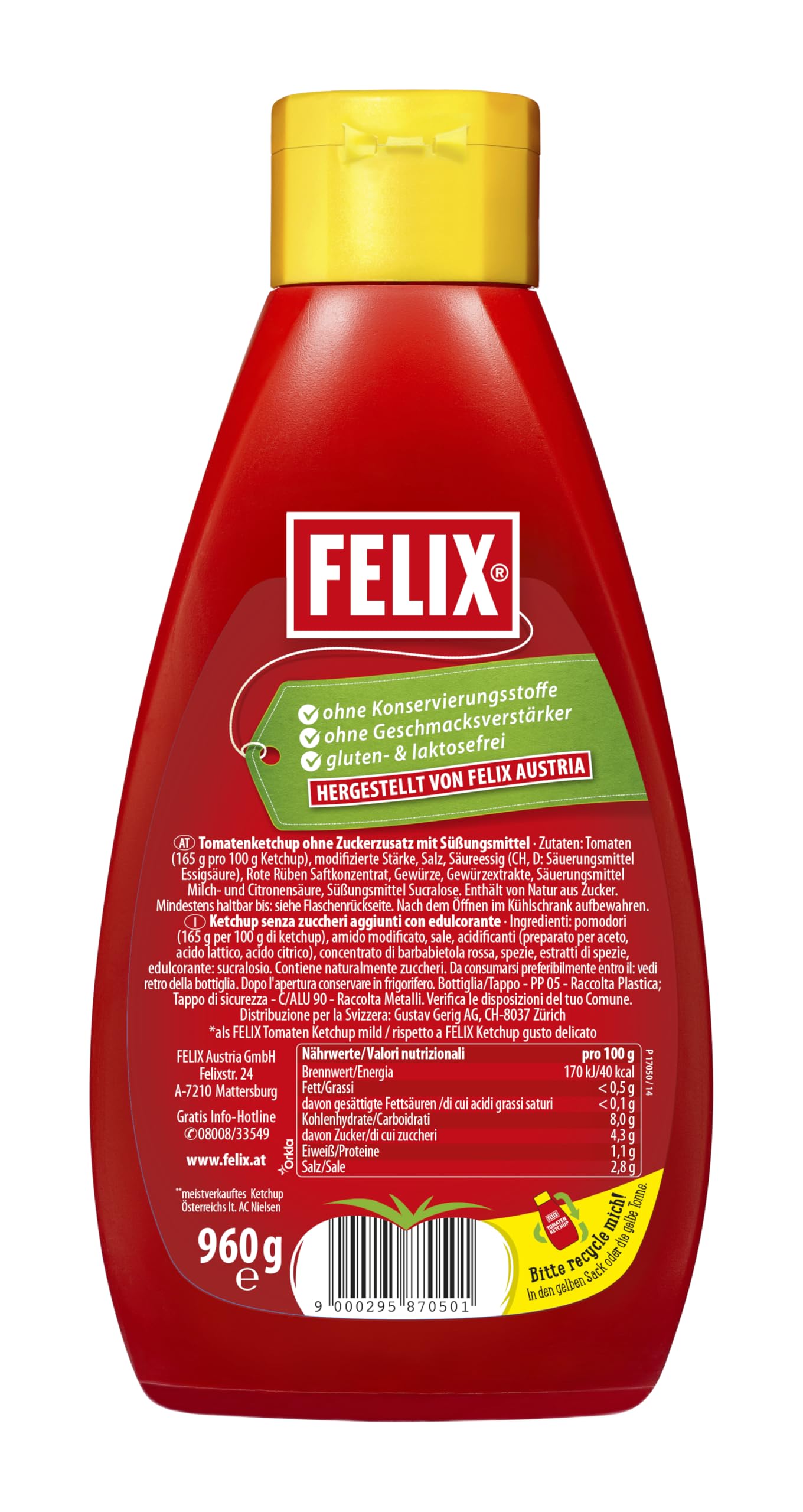 Felix Ketchup Zuckerreduziert | ohne Zuckerzusatz 60% weniger Zucker | Familienpackung 6 x 960 g