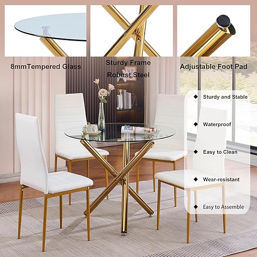 Miniatura 3 de 5PCS Glass Round Dining Table Set for 4 Compact Kitchen with Chairs Gold Modern Dinner Table & 4 PU Leather Chairs for Home KitchenLiving Room and
