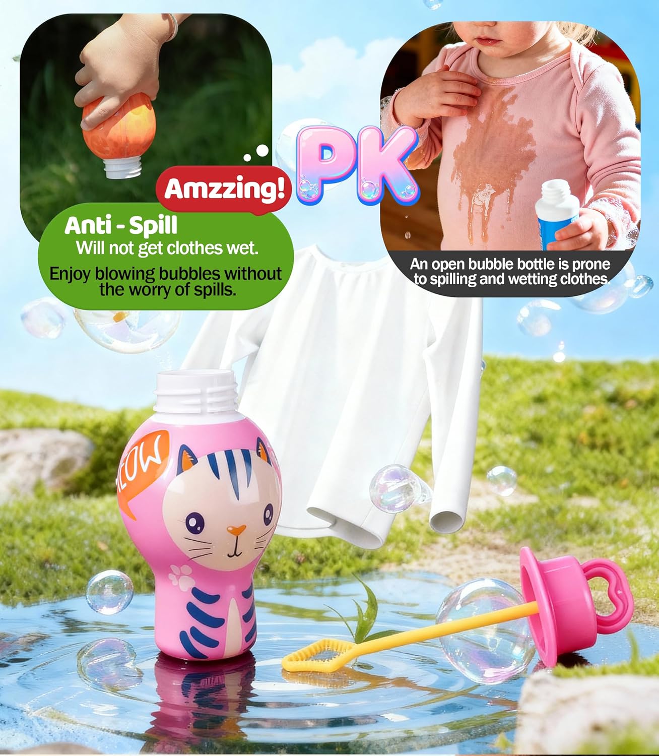 Anti-Spill Bubble Wands, 2 Pack (Random Colors) & 4 Pack for Toddlers 2-4 Year Outdoor Play Parent’s Best Friend, No Messy Clothes, Giraffe, Cat, Shark, Dinosaur Themes