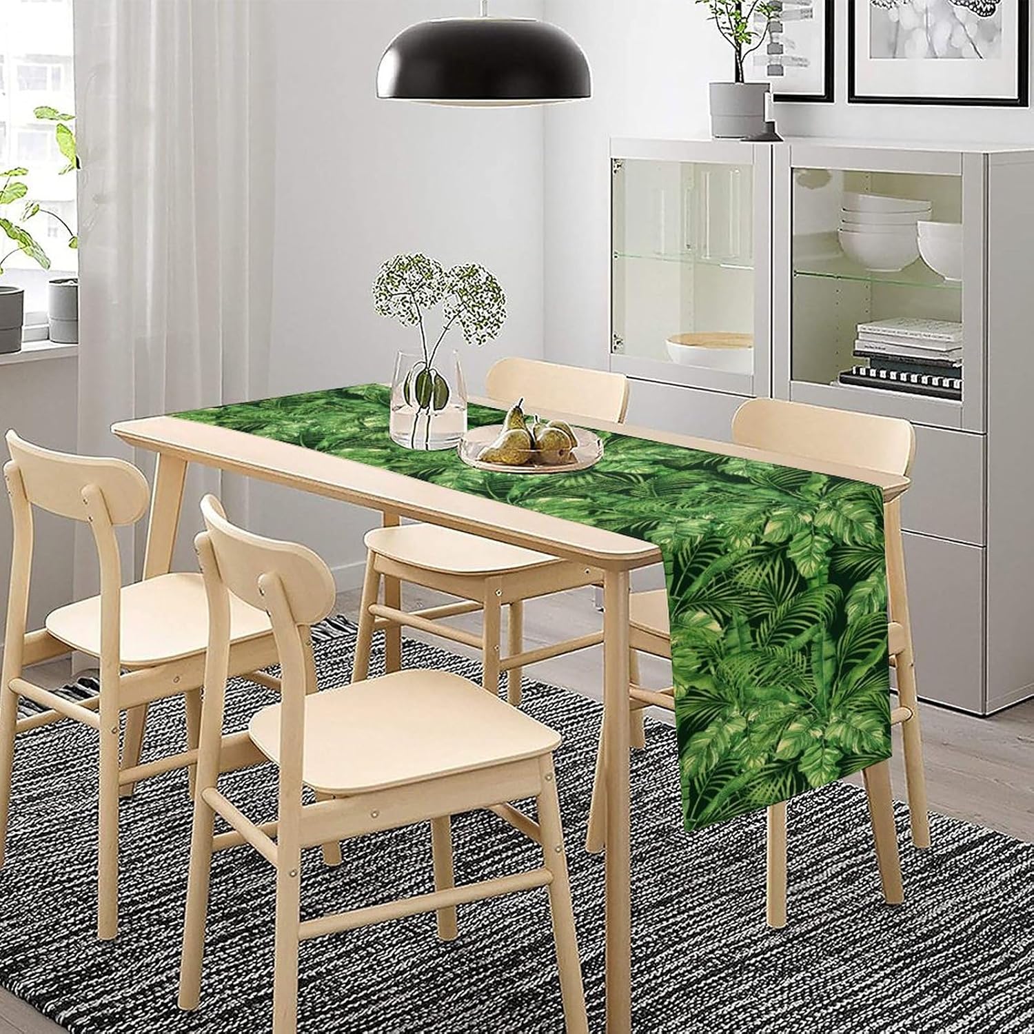 Leaf Decor Table Runner,Retro Green Palm Leaves Tropical Jungle Wild Plants Print Table Runner for Kitchen Dining Room Party Table Decor13x120in