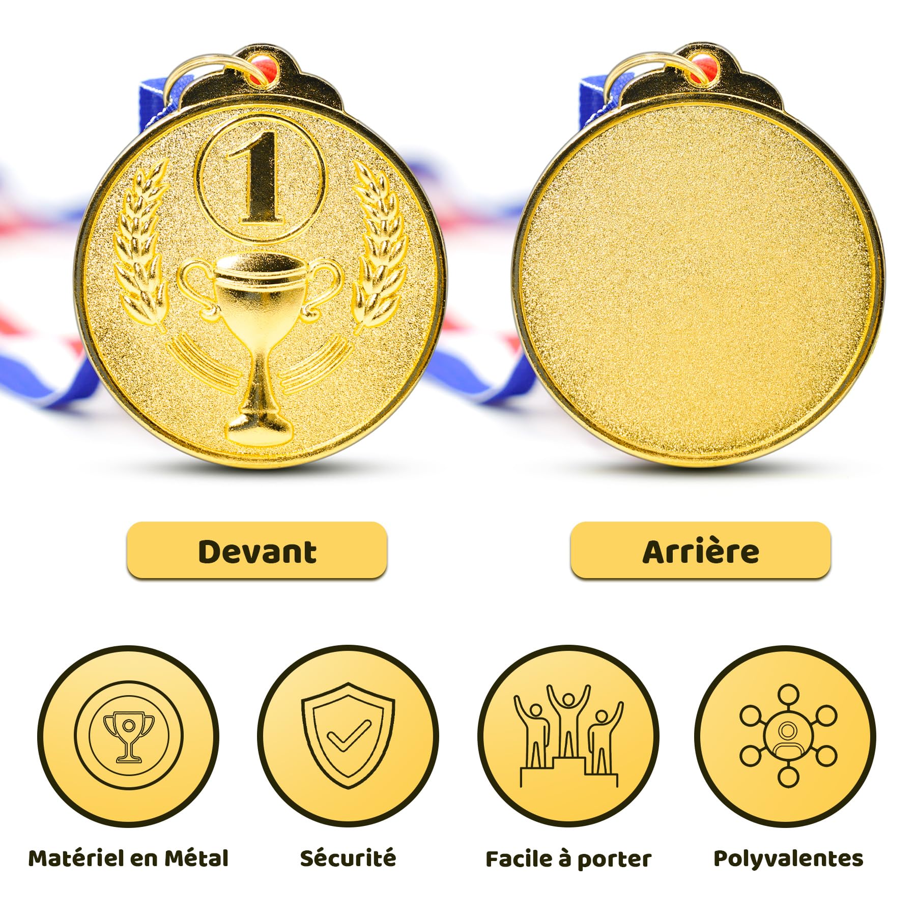 Brelet Médailles de Récompense en Métal doré avec Ruban 36 Pcs pour Compétition Sportive