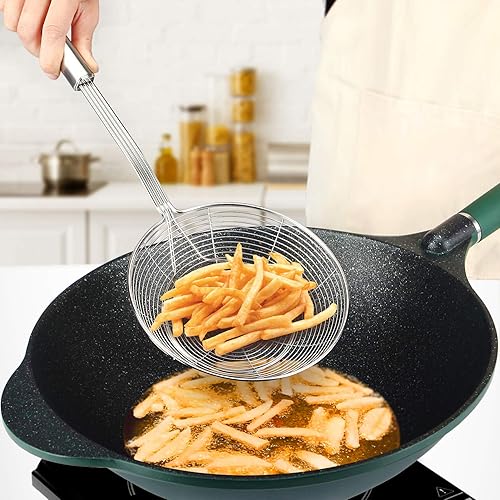 Miniatura 5 de Paquete de 2 coladores grandes de araña, cesta de desnatador de acero inoxidable, coladores de cucharón de cocina, cucharas de malla con mango