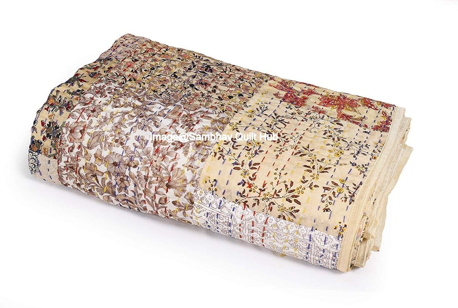 Beige Handmade Silk Sari Patola Queen Size Patchwork Silk Kantha Quilt 90x108 Inch Bedcover Silk Patola Quilt Throw Blanket (Multicolor Patchwork) Twin/King./Queen (60X90 inch)