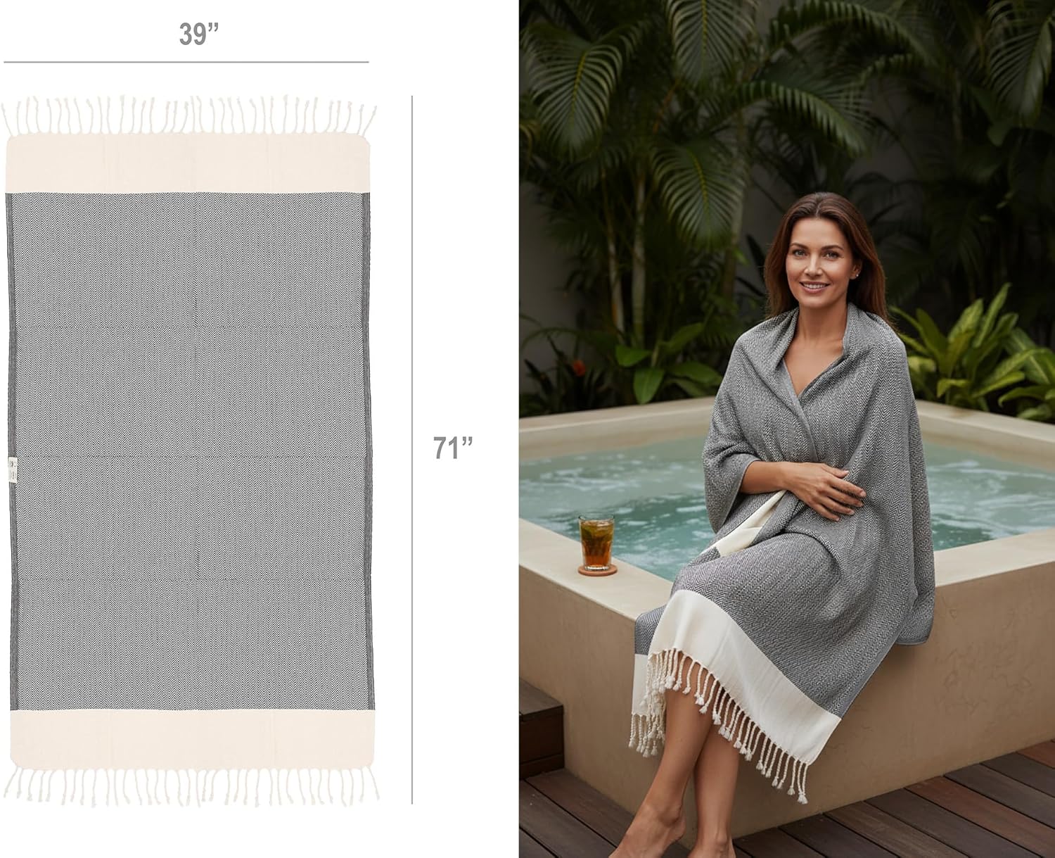 Bazaar Anatolia Turkish Beach Towel 100% Cotton Bath Towels 71x39 Quick Dry Sand Free Lightweight Large Oversized Herringbone Black - Image 5