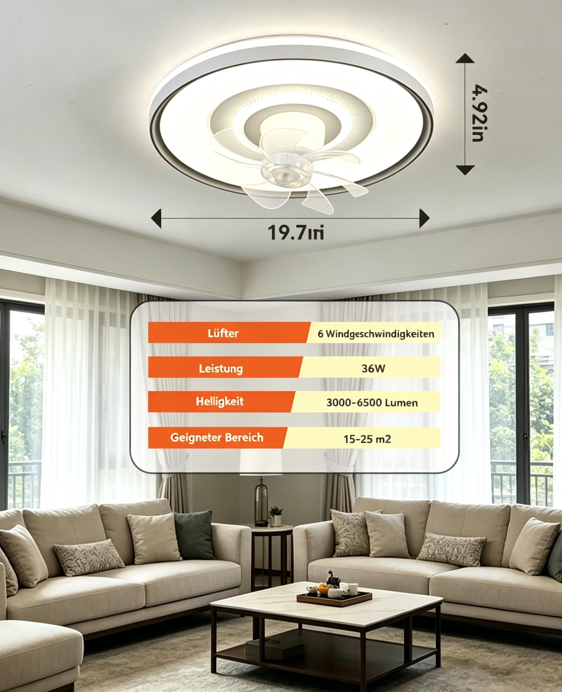Deckenleuchte mit Ventilator 50cm Deckenventilator mit Beleuchtung Drehbarer Kopf 6 Geschwindigkeiten Fernbedienung und die App für Wohnzimmer, Schlafzimmer, Büro