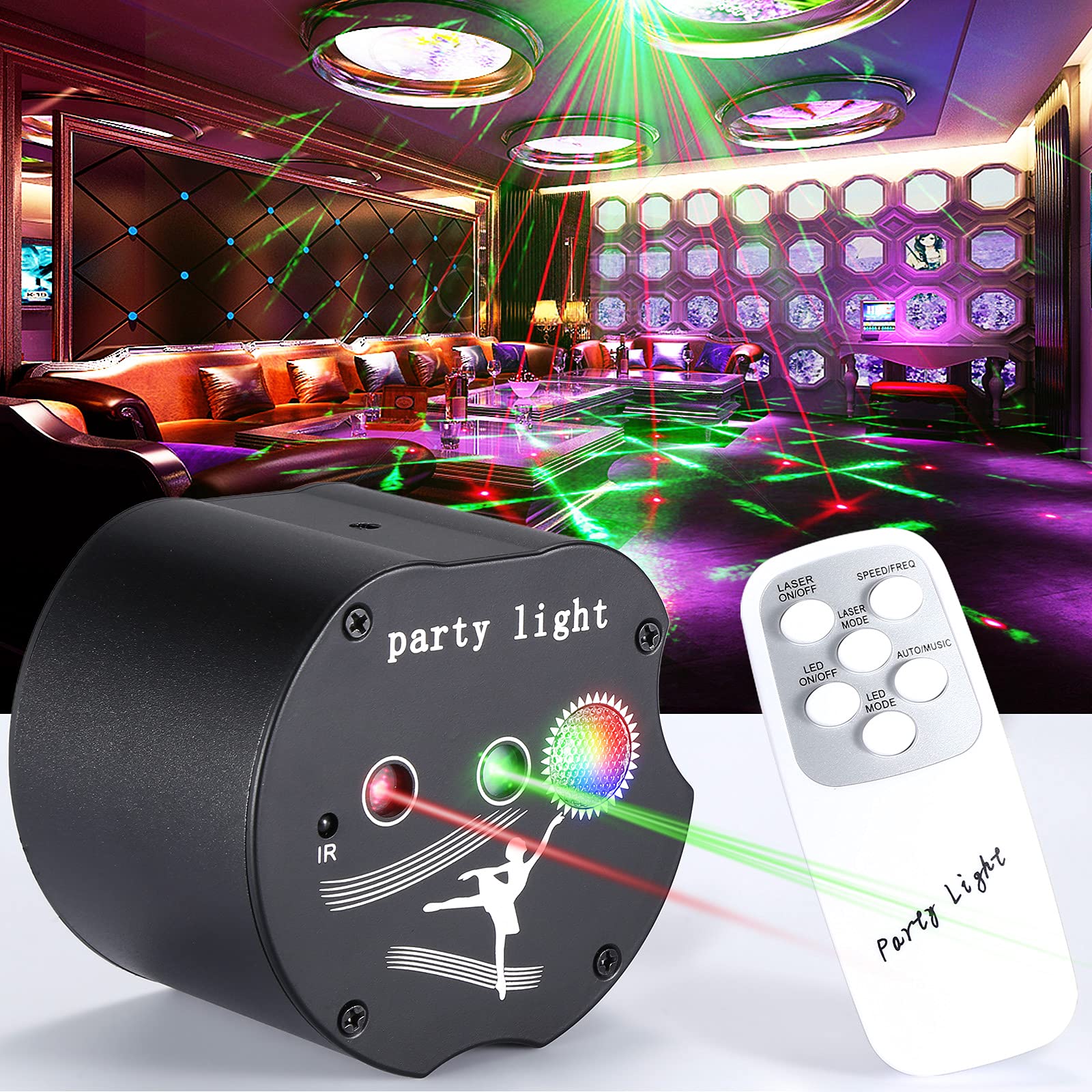 Party Lights Disco Lights, caivimvn 48 Patterns + RGB Background Dj Lighting Sound Activated Flash Strobe Light with Remote Control for Parties Home Show Bar Club Birthday Pub Xmas Holiday