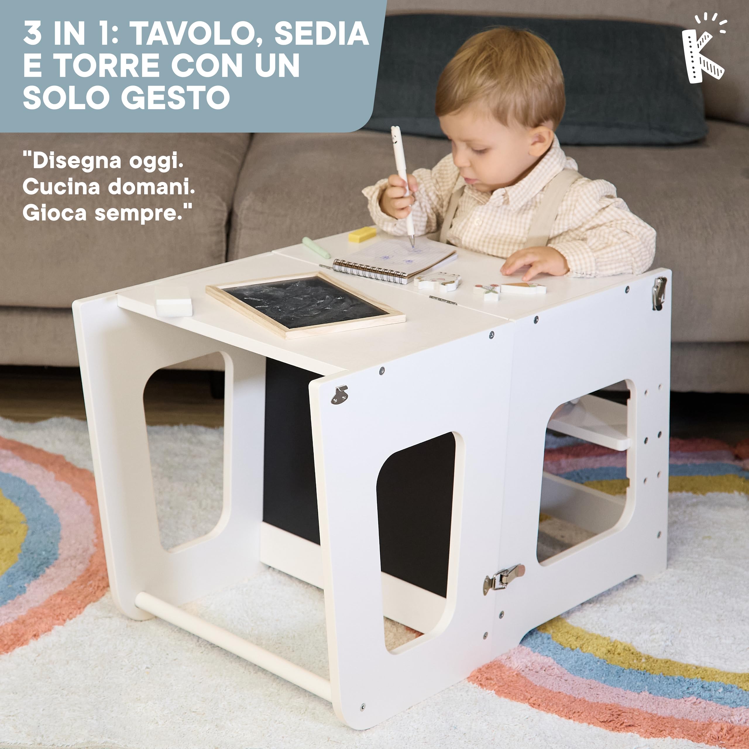 Torre Montessoriana Bambini Premium 3 en 1 Convertibile in Scrivania e Sgabello - Torre Montessoriana Pieghevole - Azienda Sostenibile Impegnata nella Riforestazione, Struttura Solida (Bianco)