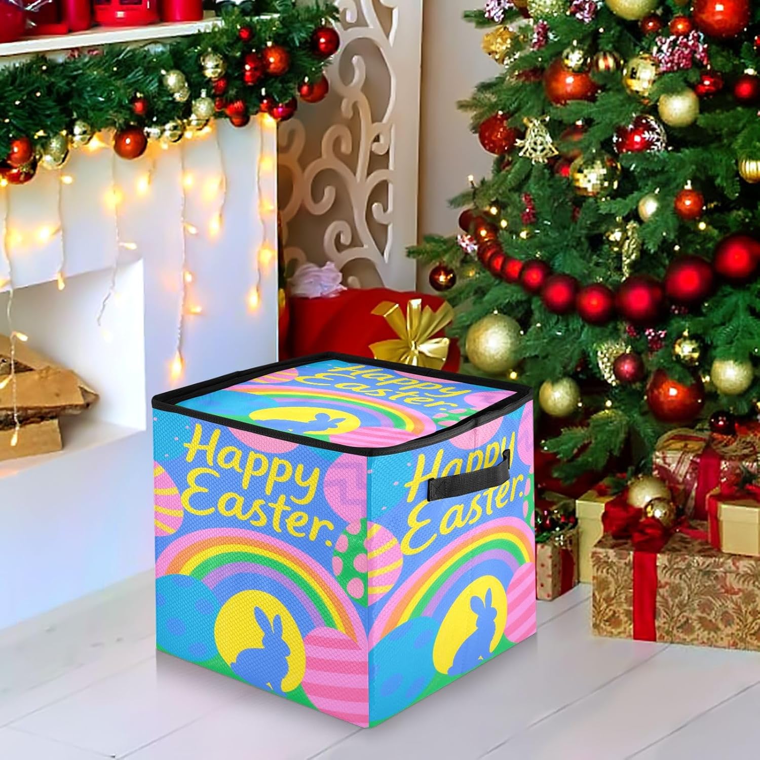 High Capacity Christmas Ornament Storage Box Holds Up to 64, Adjustable Dividers, Zippered Top, Two Handles foldable Decoration Organizer with Lid,Happy Easter Bunny Eggs Colorful
