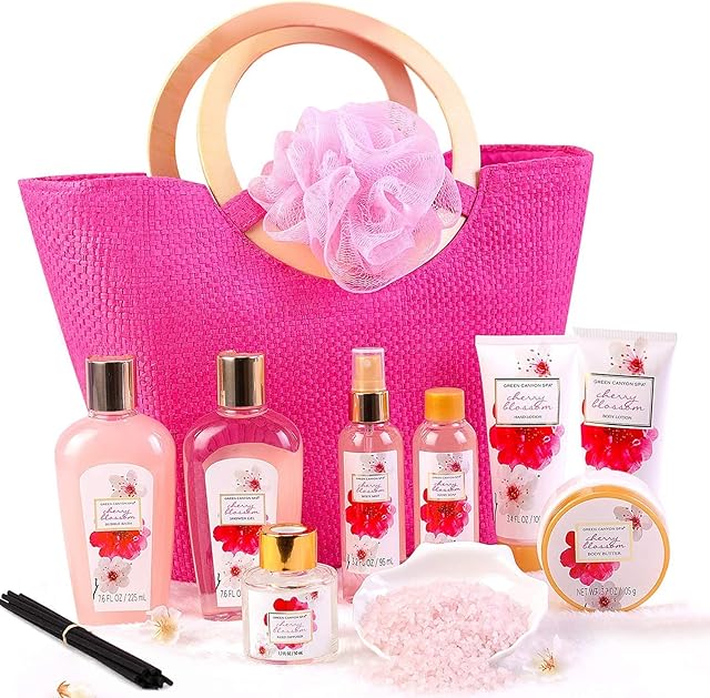 Green Canyon Spa Bath Gift Set for Her in Pink Straw Bag 11 Pcs Cherry Blossom Hampers for Women-Birthday Gift for Her,Luxury Pamper Sets for Women Gifts,Christmas Gifts Set,Pamper Gifts for Women