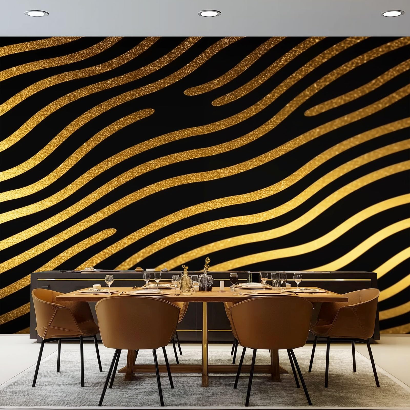 Wall Mural Wallpaper, Simple Luxury Stripes Theme Non-Woven Wallpaper, Black Gold 3D Effect Art Wall Murals for Bedroom Living Room Office Decor, 350 x 256 cm Photo Mural