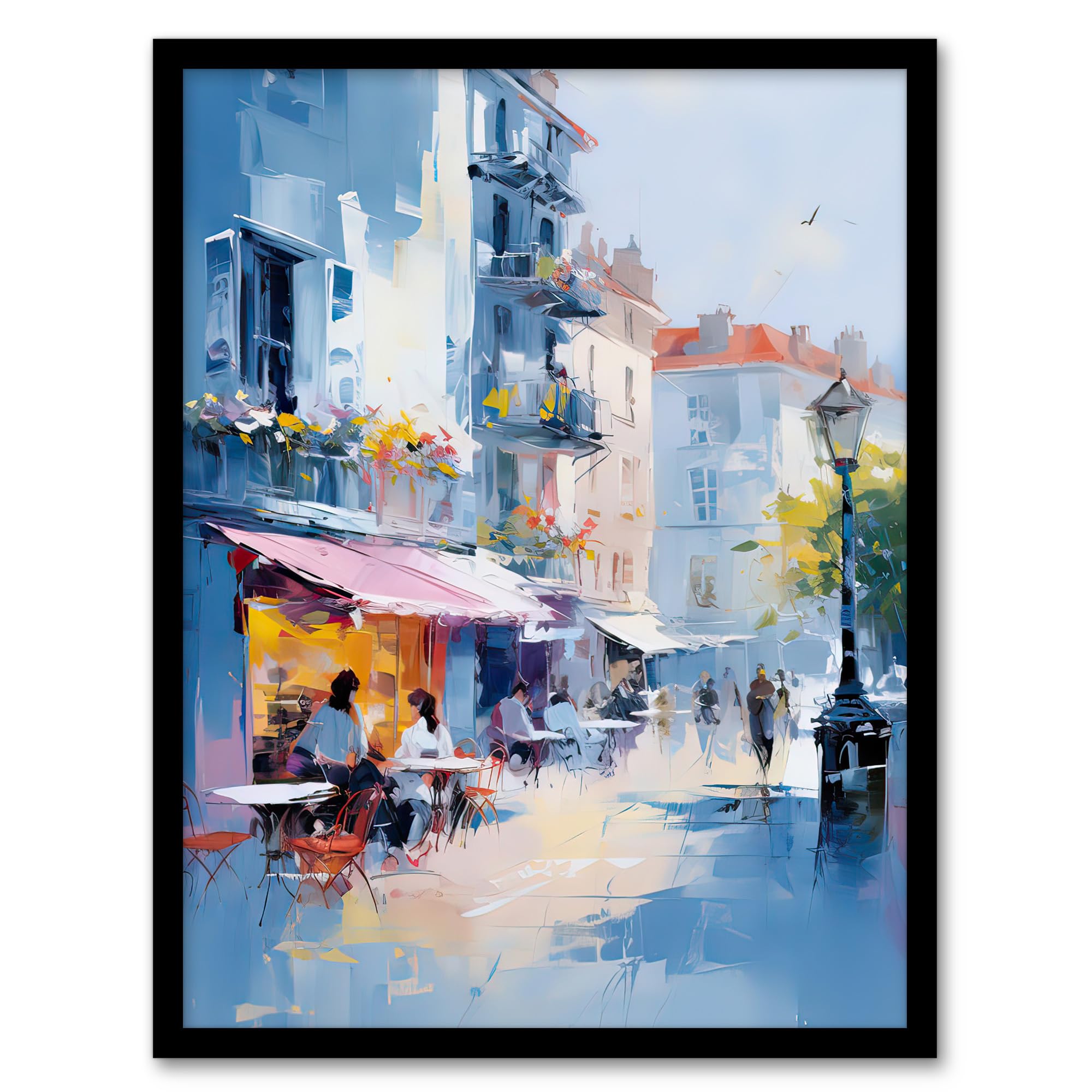 Artery8 Cafe Street in Paris Abstract Oil Painting Pastel Colour Blue Pink Morning in the City Elegant Artwork Artwork Framed Wall Art Print A4