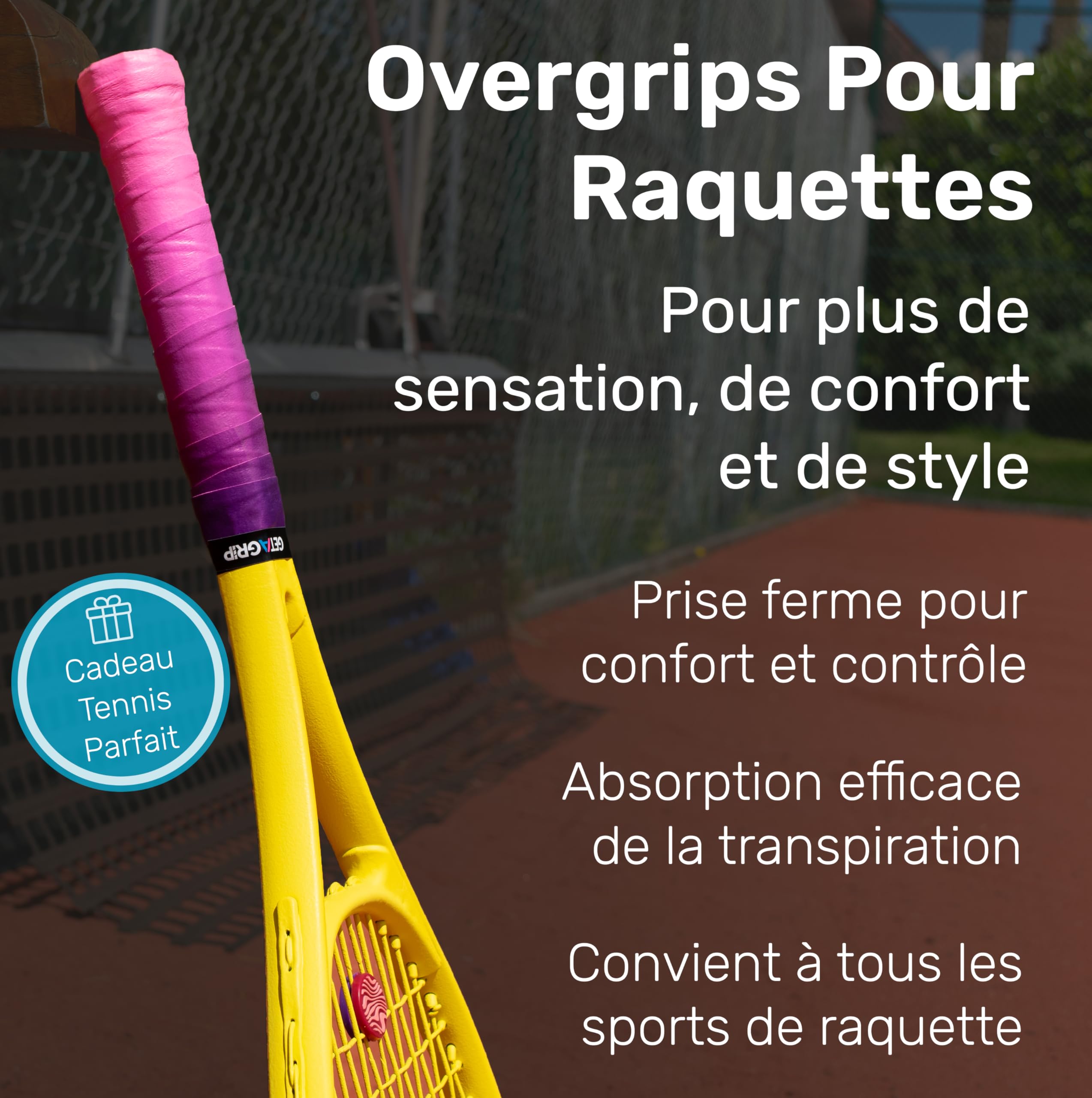GET A GRIP - Surgrip Customisé pour Raquettes de Tennis - Overgrip de Tennis Antidérapant/Séchage Rapide, Ruban Grip pour Raquette de Padel, Badminton