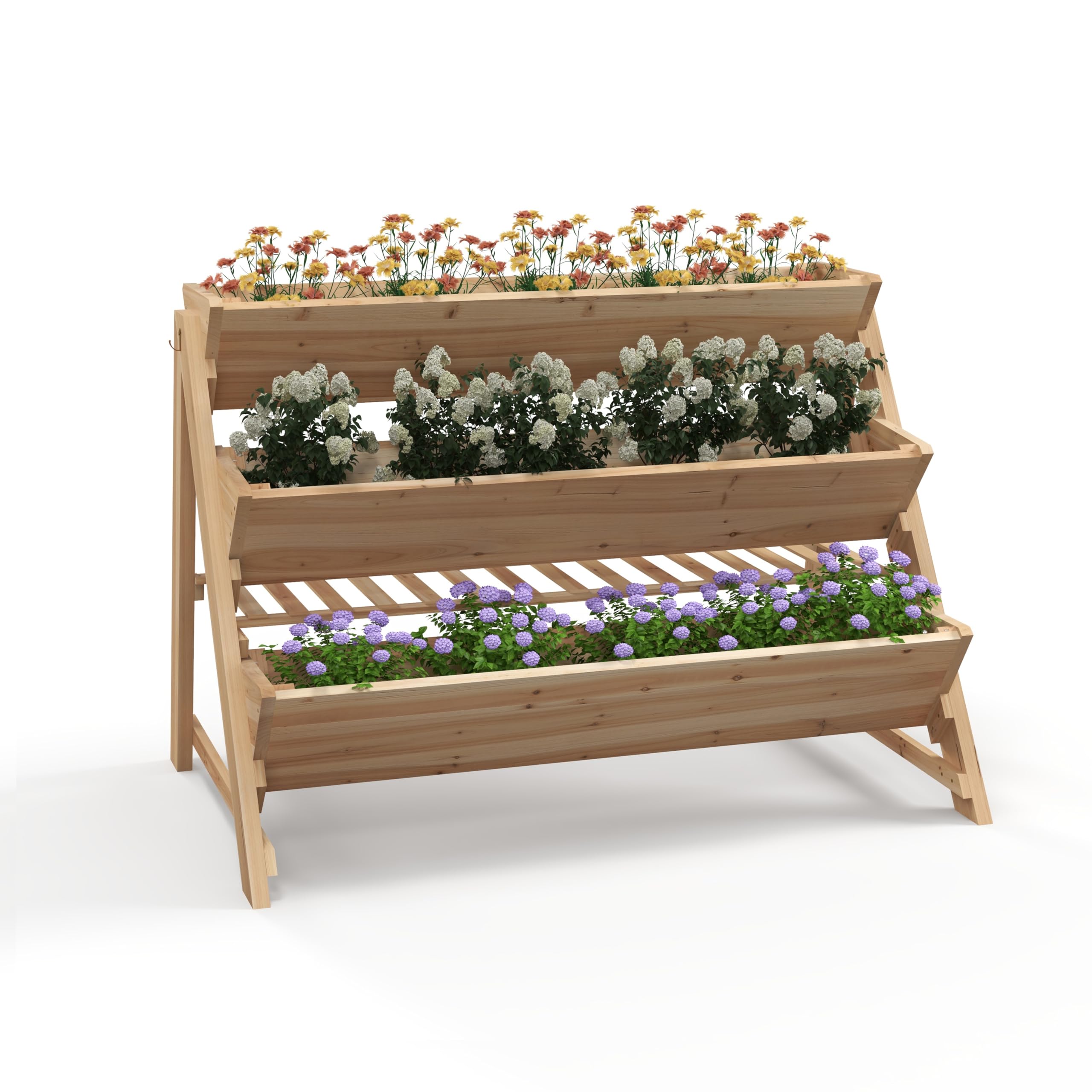 CHEFJOY 3-Tiers Raised Garden Bed, Wooden Garden Planter with 3 Planter Box & Storage Shelf, 2 Convenient Side Hooks, Outdoor Elevated Plant Box Stand with Leg for Flowers, Vegetables