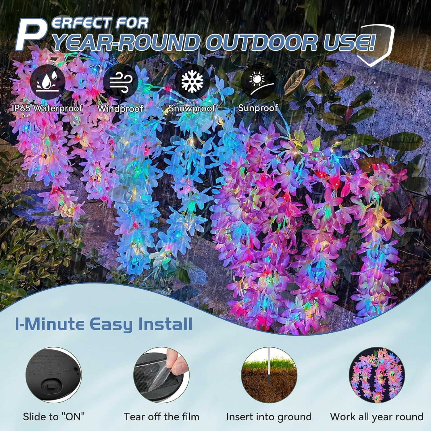 Neporal Solar Flowers Outdoor Waterproof IP65, 5 Lilac Flower Vines with 140+ Flowers, 2 Lightning Modes &Enlarged Solar Panel, 3PK Blue/Pink/Purple Solar Garden Lights Outdoor for Garden, Yard Decor