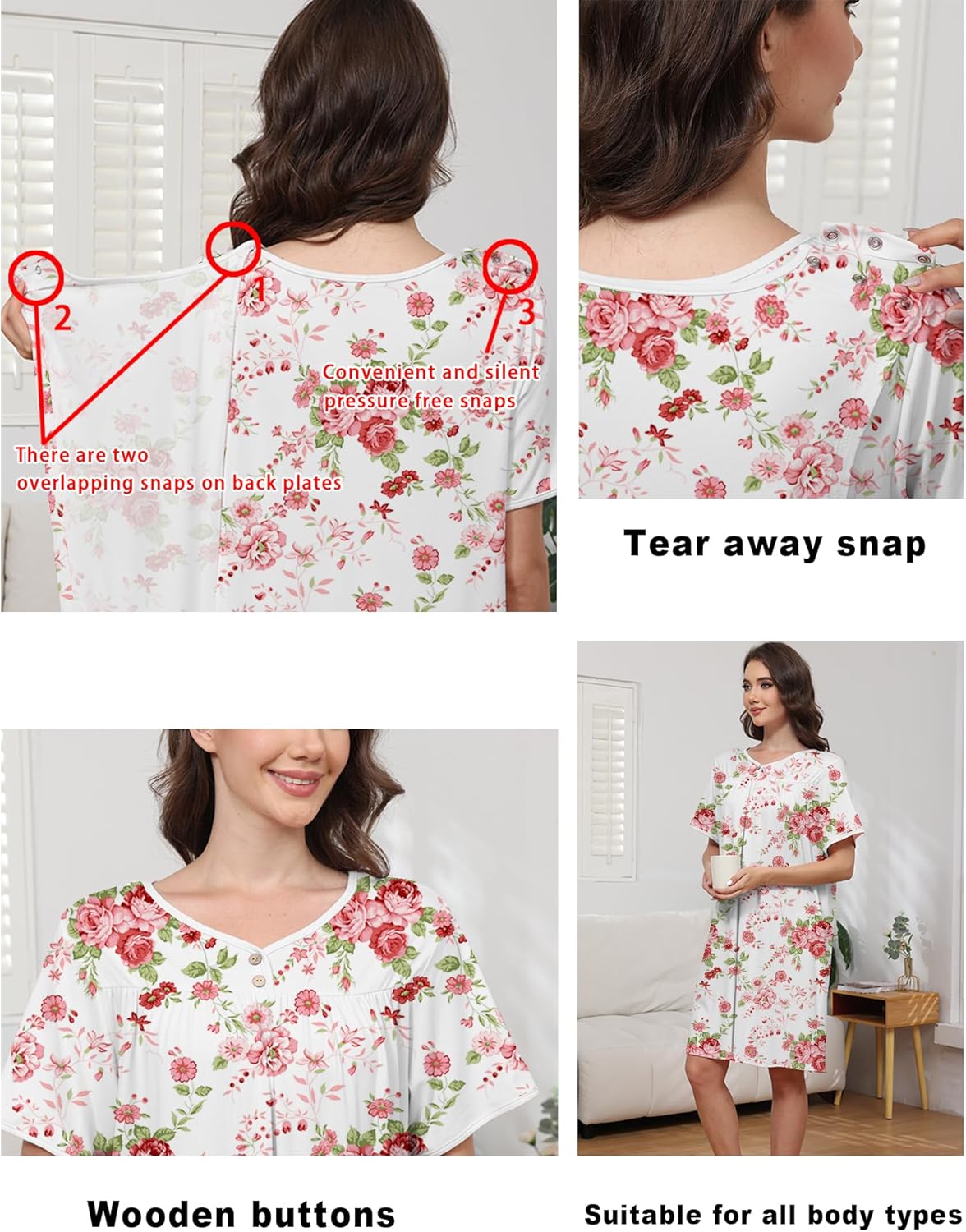 Hospital Gowns for Women Open Back Tear Away Snap Post Shoulder Surgery Short Sleeve Soft Cotton Adaptive Clothing - Image 3