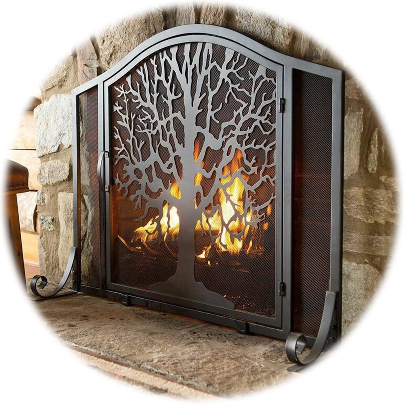 Pantalla para chimenea YFWOKSL de un solo panel negro con árbol protector