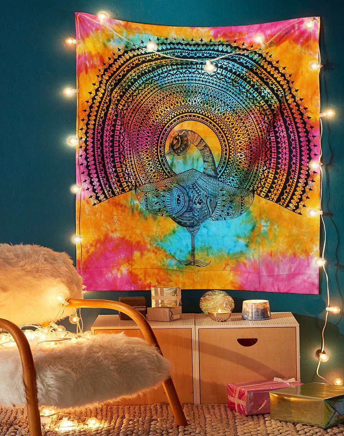 Dancing Peacock Tapestry - Colorful Indian Tie Dye Cotton Mandala Wall Hanging Hippie Boho Decor - Multicolor - 50x60 Inches