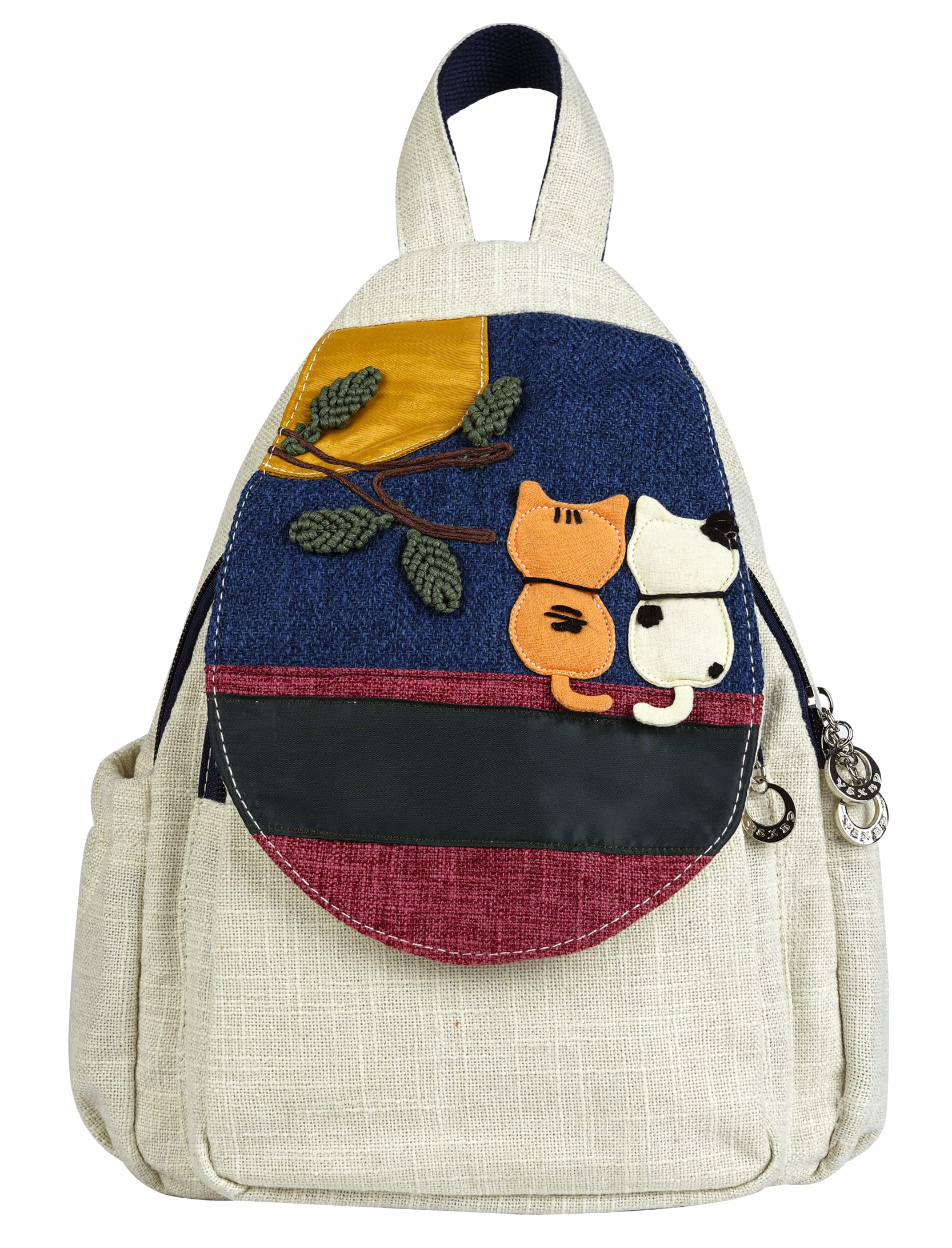 HUANGGUOSHU Boho and Bohemian Small Canvas Backpack Purse for Women - Adjustable Carry Sling Bag, Embroidered and Woven Tapestry Patterns 2 Cats