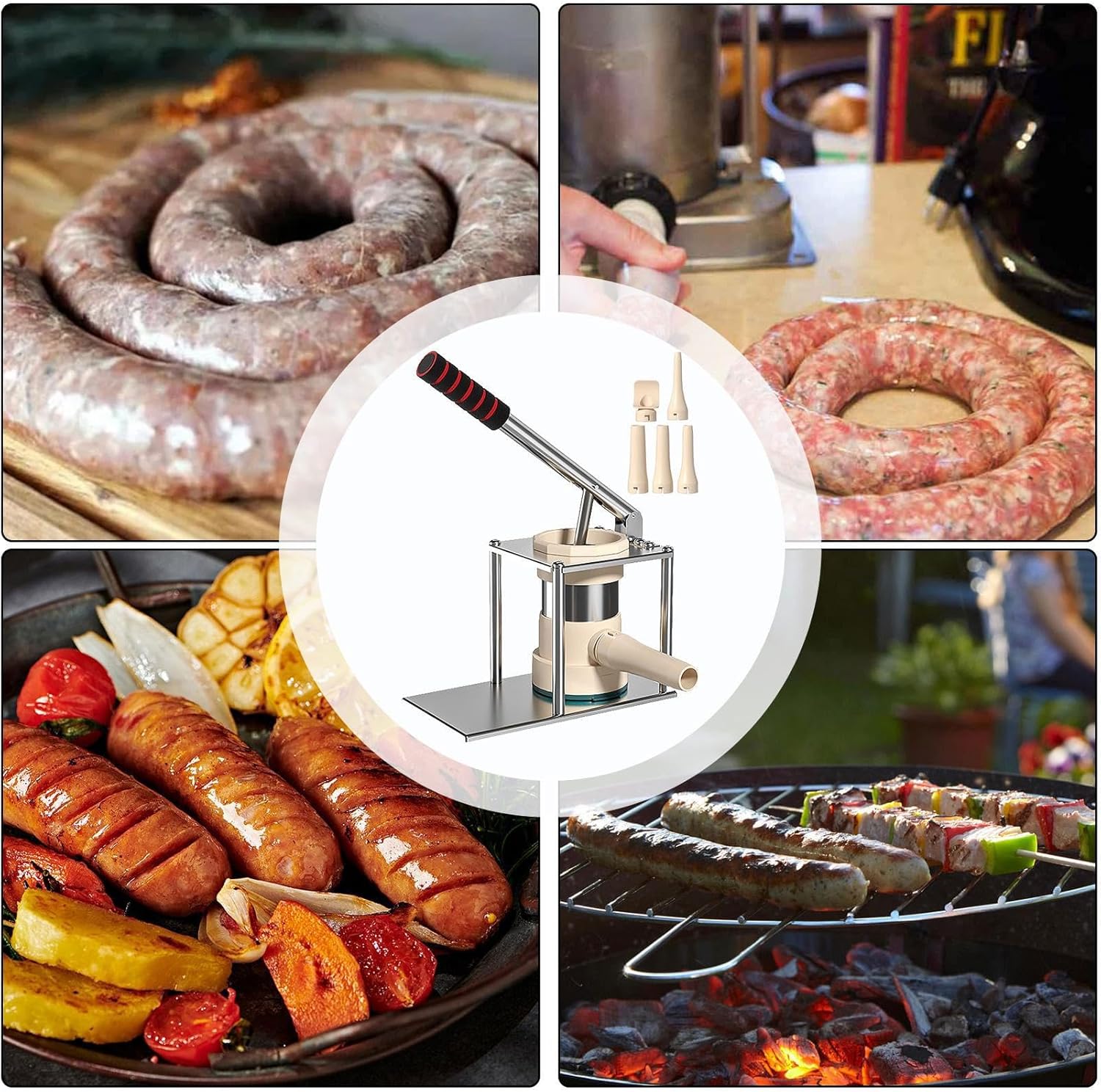 Manual Sausage Maker, Vertical Stainless Steel with 5 Stuffing Tubes, Meat Filling Machine with Anti-Slip Handle, for Home Kitchen Restaurant Commercial Use